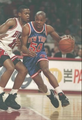 13 May 1994:  Greg Anthony of the New York Knicks dribbles around the perimeter during a playoff game against the Chicago Bulls at Chicago Stadium in Chicago, Illinois.  The Bulls won the game 104-102. Mandatory Credit: Jonathan Daniel  /Allsport