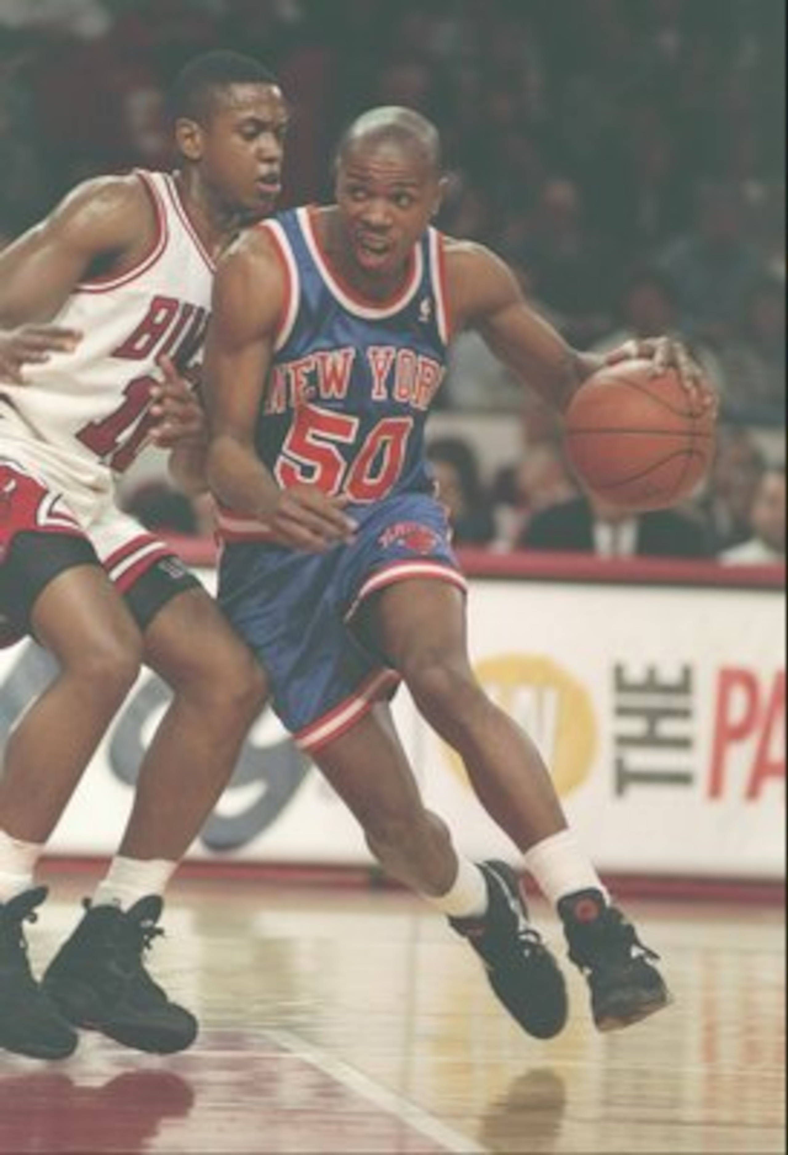 13 May 1994:  Greg Anthony of the New York Knicks dribbles around the perimeter during a playoff game against the Chicago Bulls at Chicago Stadium in Chicago, Illinois.  The Bulls won the game 104-102. Mandatory Credit: Jonathan Daniel  /Allsport