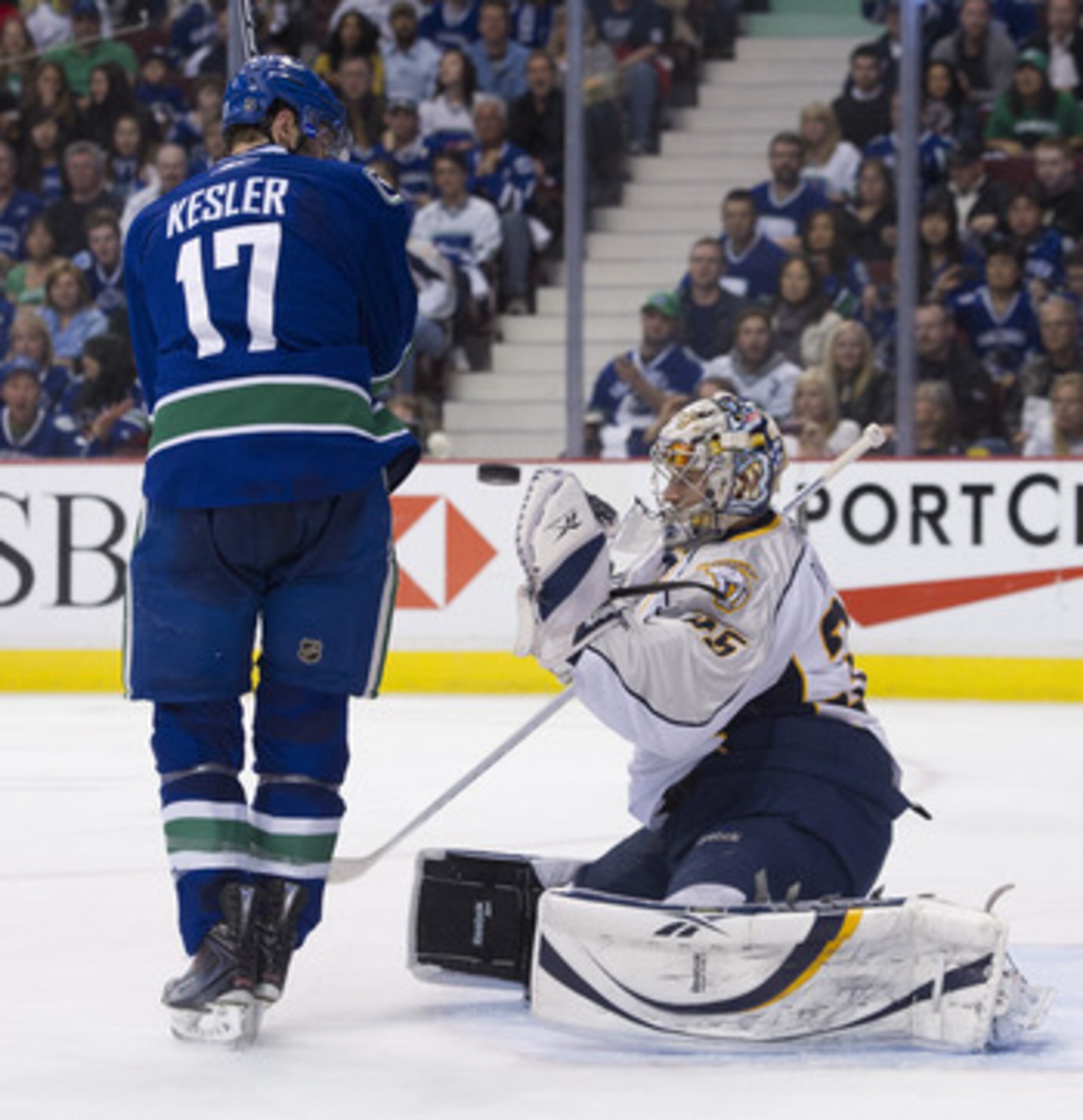 VANCOUVER, CANADA - APRIL 30: Ryan Kesler #17 of the Vancouver Canucks watches goalie Pekka Rinne #35 of the Nashville Predators make a glove save during the second period in Game Two of the Western Conference Semifinals during the 2011 NHL Stanley Cup Pl VANCOUVER, CANADA - APRIL 30: Ryan Kesler #17 of the Vancouver Canucks watches goalie Pekka Rinne #35 of the Nashville Predators make a glove save during the second period in Game Two of the Western Conference Semifinals during the 2011 NHL Stanley Cup Pl