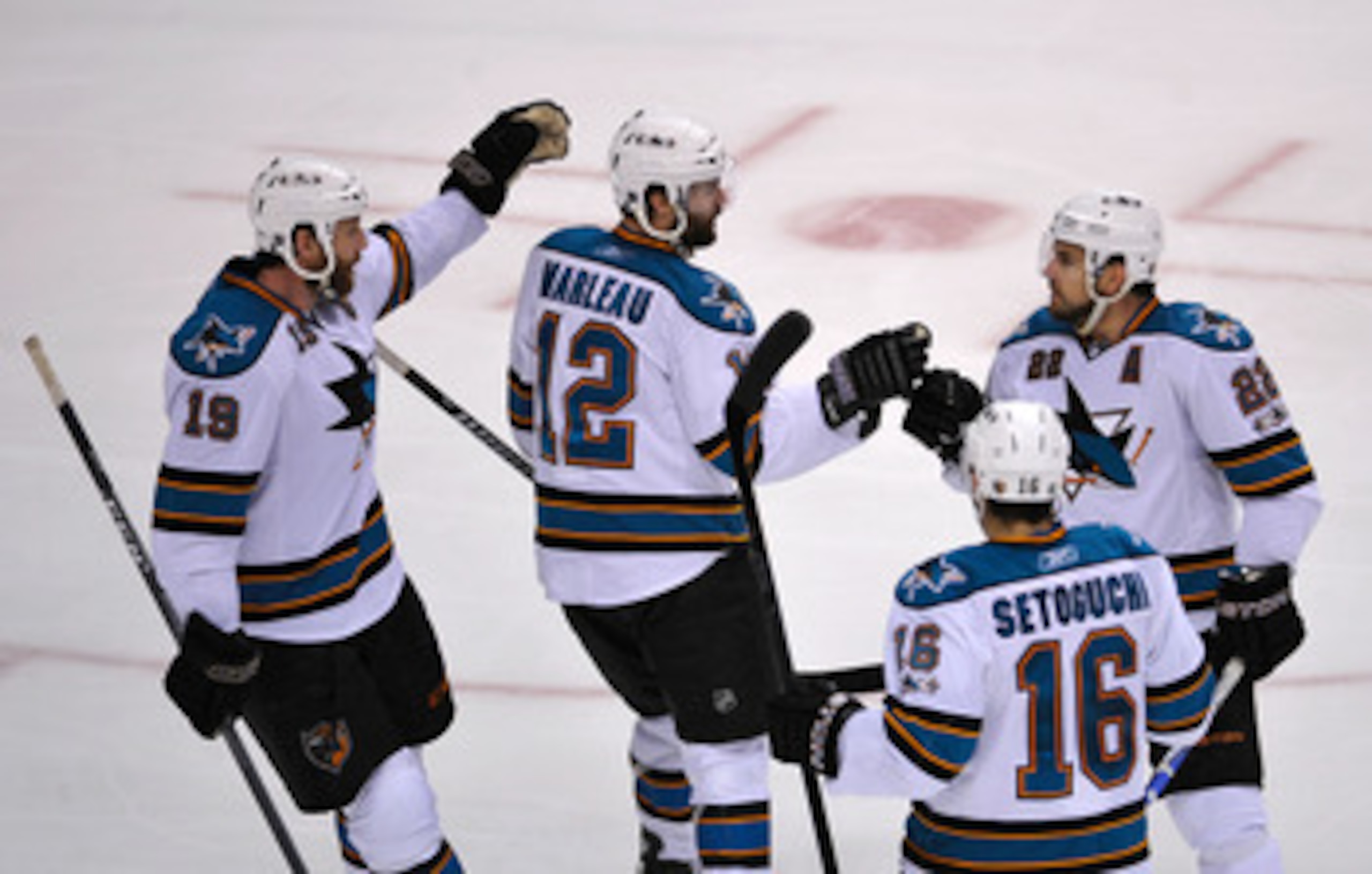 VANCOUVER, CANADA - MAY 15: Patrick Marleau #12 of the San Jose Sharks celebrates his second period goal with teammate Dan Boyle #22 against the Vancouver Canucks in Game One of the Western Conference Finals during the 2011 Stanley Cup Playoffs at Rogers VANCOUVER, CANADA - MAY 15: Patrick Marleau #12 of the San Jose Sharks celebrates his second period goal with teammate Dan Boyle #22 against the Vancouver Canucks in Game One of the Western Conference Finals during the 2011 Stanley Cup Playoffs at Rogers