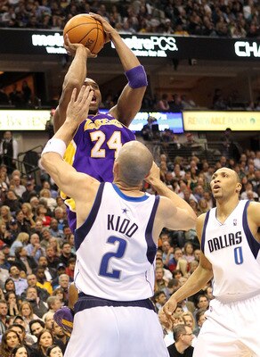 DALLAS - FEBRUARY 24:  Kobe Bryant #24 of the Los Angeles Lakers shoots over Jason Kidd #2 of the Dallas Mavericks which moved him into 13th place on the NBA all time scoring list on February 24, 2010 at American Airlines Center in Dallas, Texas.  NOTE TO