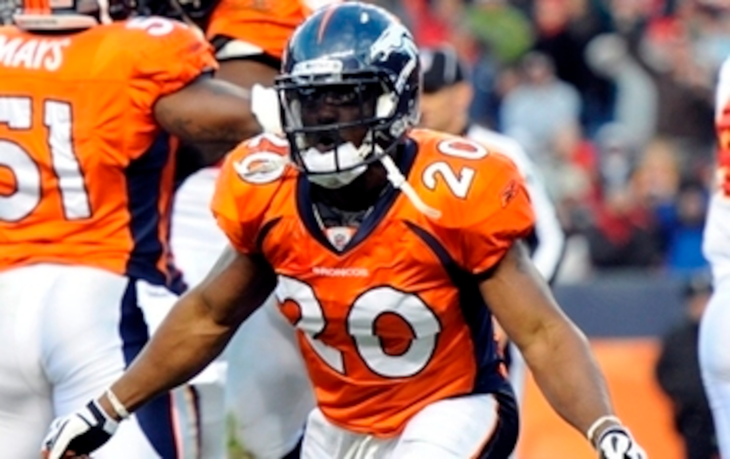 DENVER - SEPTEMBER 19:  Safety Brian Dawkins #20 of the Denver Broncos celebrates his interception in the first half against the Seattle Seahawks at INVESCO Field at Mile High on September 19, 2010 in Denver, Colorado.  (Photo by Justin Edmonds/Getty Imag