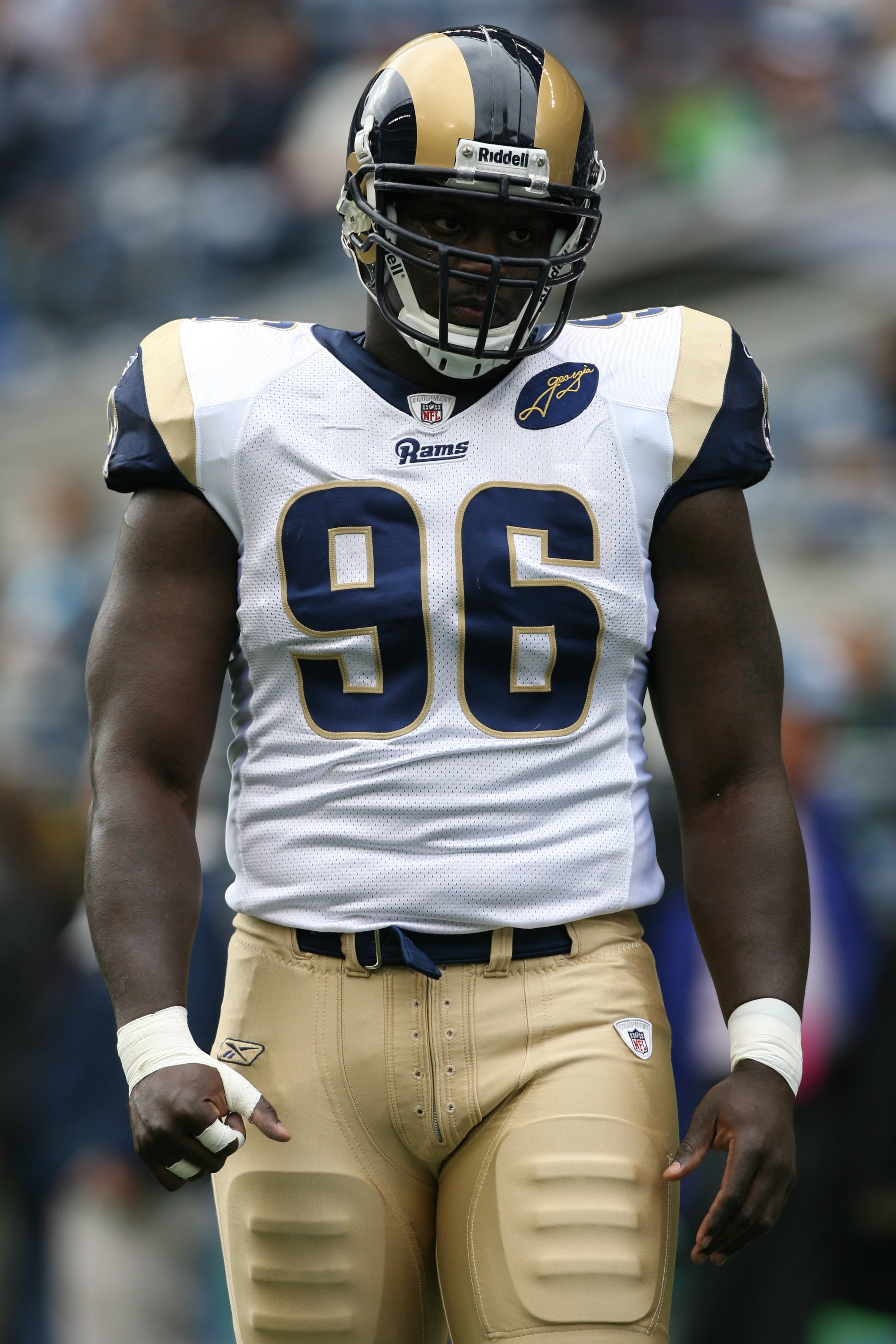 SEATTLE - SEPTEMBER 21:  James Hall #96 of the St. Louis Rams looks on before the game against the Seattle Seahawks on September 21, 2008 at Qwest Field in Seattle, Washington. (Photo by Otto Greule Jr/Getty Images)