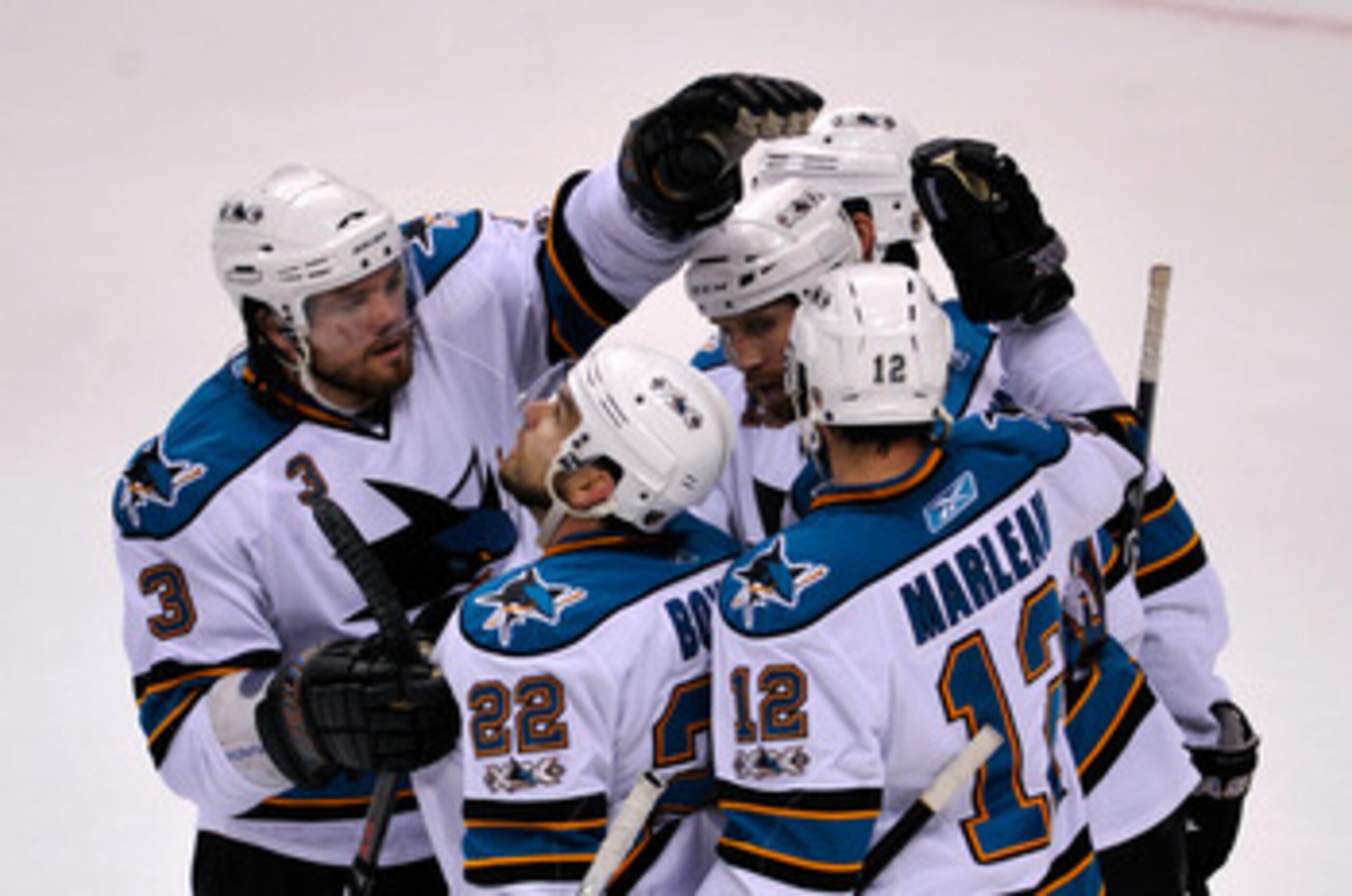 VANCOUVER, CANADA - MAY 15: Douglas Murray #3, Dan Boyle #22, Devin Setoguchi #16 and Patrick Marleau #12 of the San Jose Shars congratulate Joe Thornton #19 after Thornton scored against the Vancouver Canucks in the first period in Game One of the Weste VANCOUVER, CANADA - MAY 15: Douglas Murray #3, Dan Boyle #22, Devin Setoguchi #16 and Patrick Marleau #12 of the San Jose Shars congratulate Joe Thornton #19 after Thornton scored against the Vancouver Canucks in the first period in Game One of the Weste