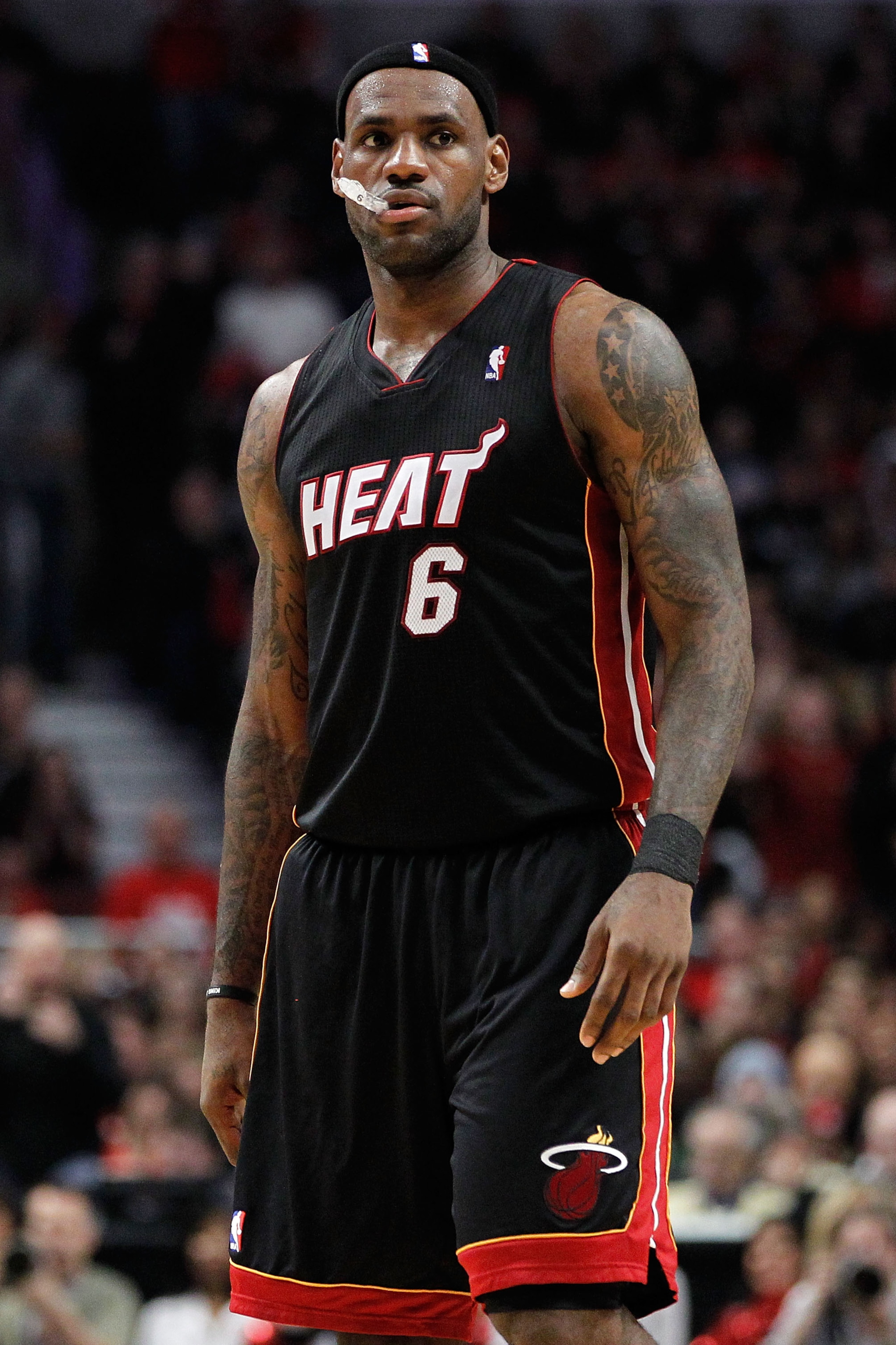 CHICAGO, IL - MAY 15:  LeBron James #6 of the Miami Heat looks on against the Chicago Bulls in Game One of the Eastern Conference Finals during the 2011 NBA Playoffs on May 15, 2011 at the United Center in Chicago, Illinois. NOTE TO USER: User expressly a