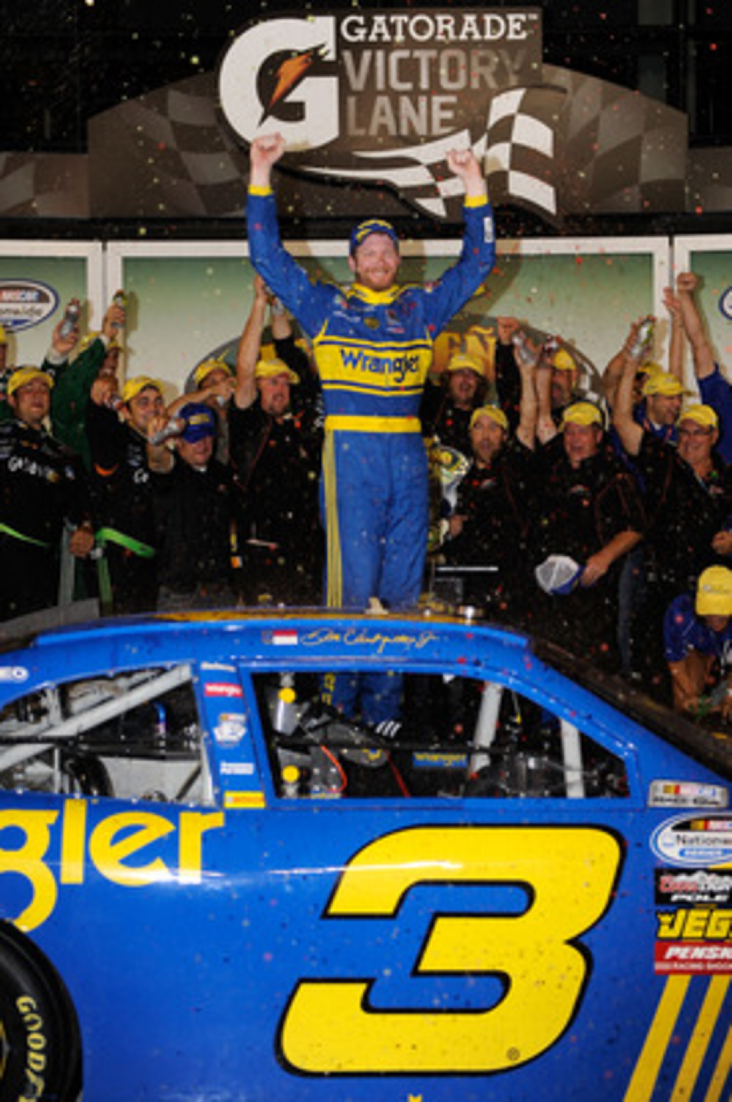 DAYTONA BEACH, FL - JULY 02:  Dale Earnhardt Jr., driver of the #3 Wrangler Chevrolet, celebrates in victory lane after winning the NASCAR Nationwide Series Subway Jalapeno 250 at Daytona International Speedway on July 2, 2010 in Daytona Beach, Florida.