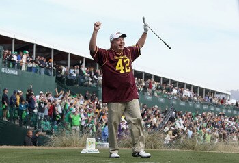 SCOTTSDALE, AZ - FEBRUARY 05:  Billy Mayfair, wearing a #42 Pat Tillman ASU Sun Devils jersey, celebrates after his tee shot on the 16th hole during the second round of the Waste Management Phoenix Open at TPC Scottsdale on February 5, 2011 in Scottsdale,