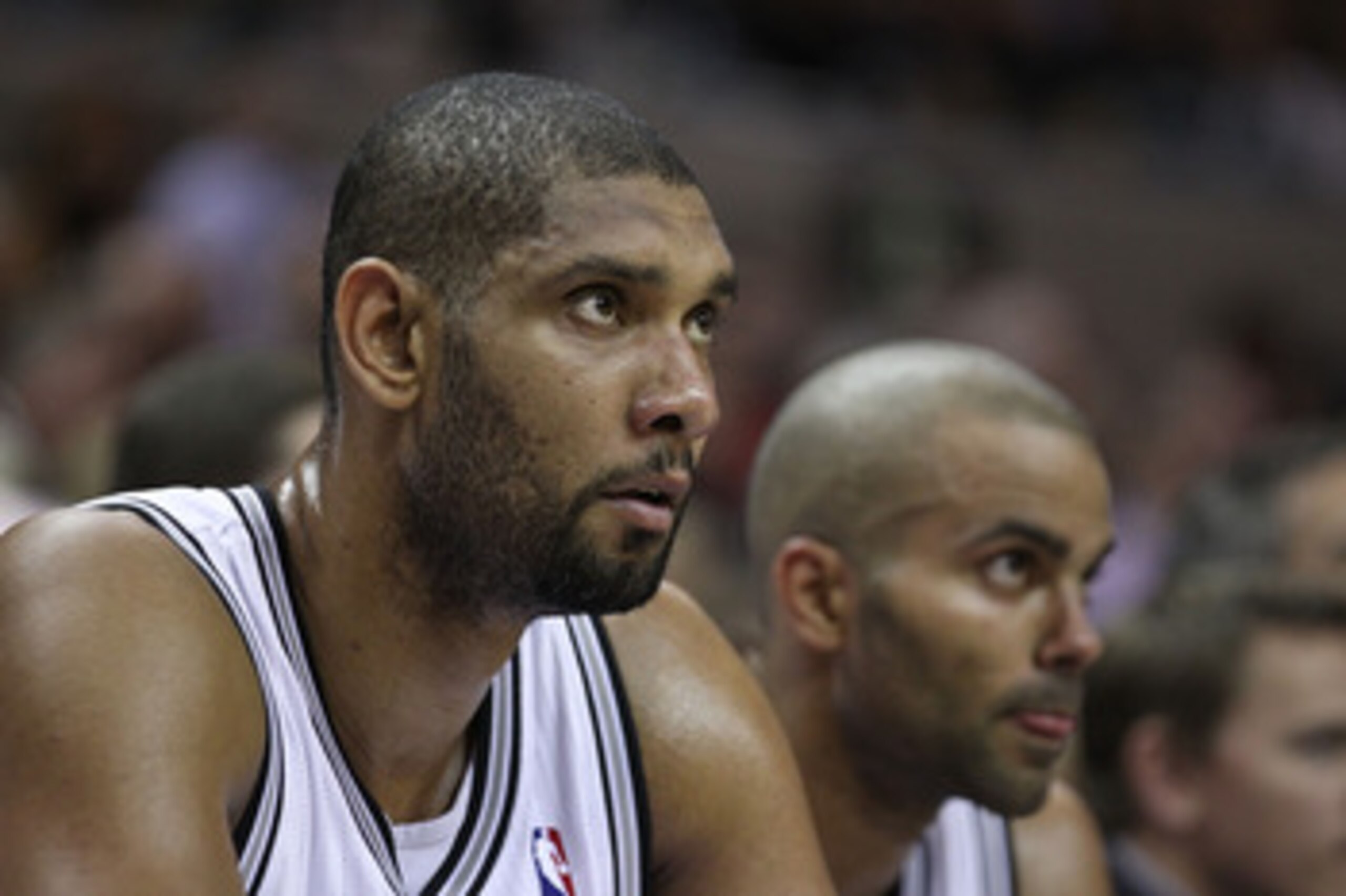 SAN ANTONIO, TX - APRIL 27:  Tim Duncan #21 of the San Antionio Spurs looks on against the Memphis Grizzlies in Game Five of the Western Conference Quarterfinals in the 2011 NBA Playoffs on April 27, 2011 at AT&T Center in San Antonio, Texas. NOTE TO USER