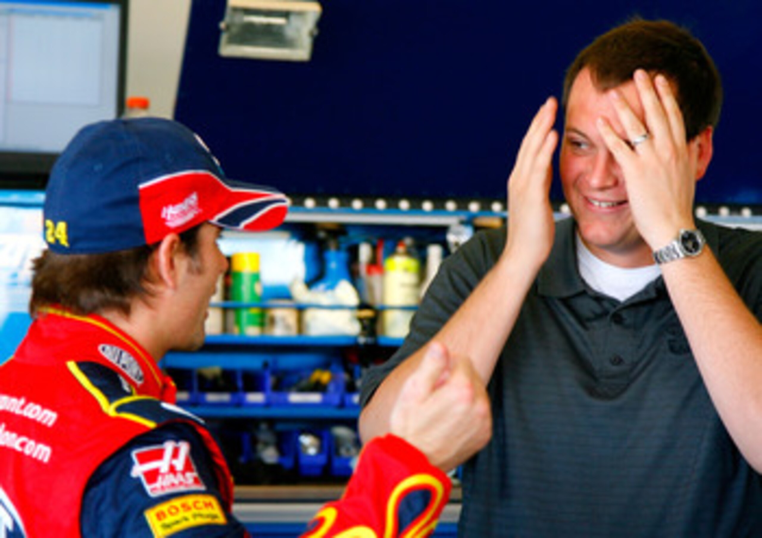 DAYTONA BEACH, FL - JANUARY 09:  Jeff Gordon, driver of the #24 Dupont Chevrolet speaks with his crew chief Steve LaTarte in the garage during NASCAR testing at Daytona International Speedway on January 9, 2008 in Daytona Beach, Florida.  (Photo by Rusty