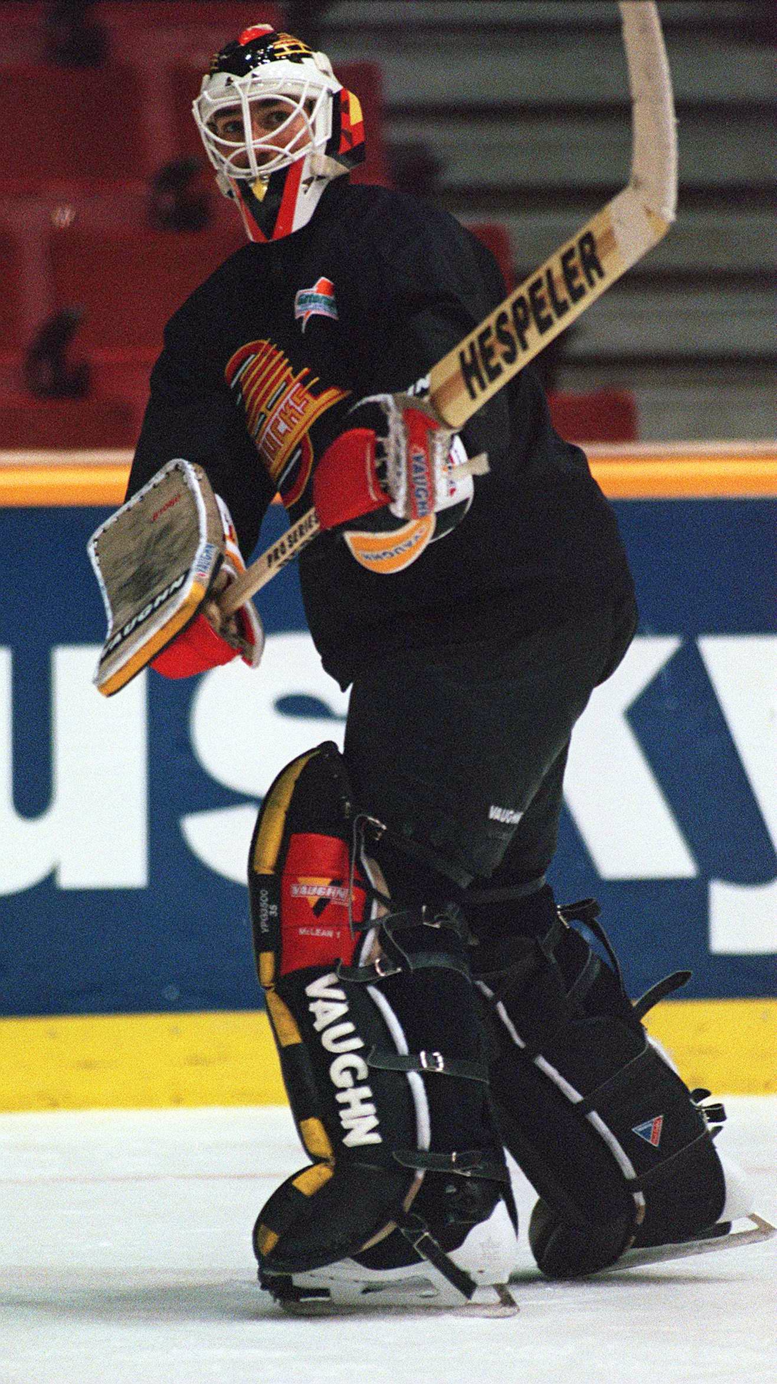 6 Jun 1994: CANUCKS STARTING GOALTENDER KIRK MCLEAN ON THE ICE DURING TEAM WORKOUTS AT THE PACIFIC COLESIUM IN VANCOUVER, BRITISH COLUMBIA. THE RANGERS TAKE THEIR 2-1 SERIES LEAD OVER THE CANUCKS INTO GAME FOUR TOMORROW NIGHT.