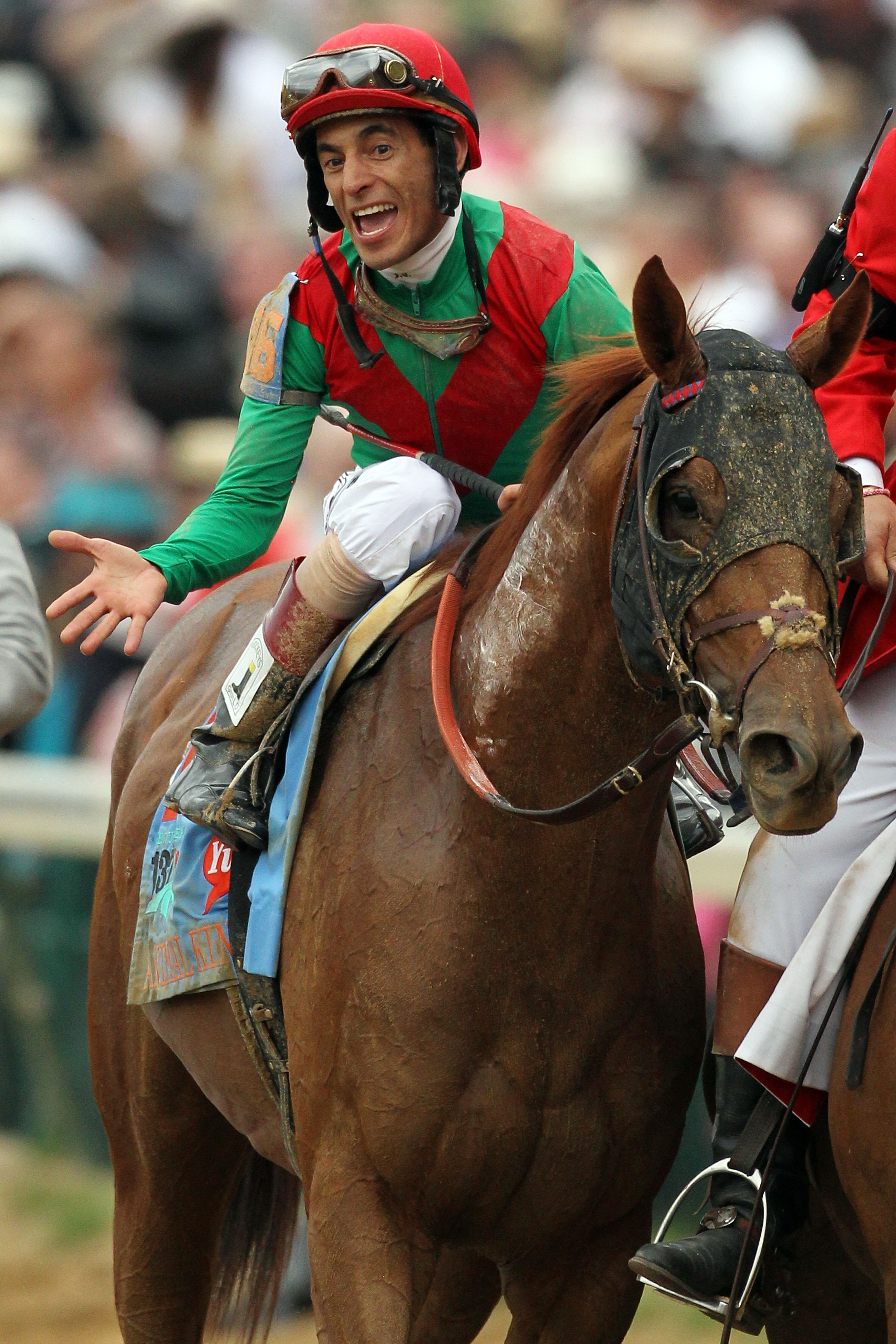 LOUISVILLE, KY - MAY 07:  Jockey John Valazquez, riding Animal Kingdom #16, celebrates winning the 137th Kentucky Derby at Churchill Downs on May 7, 2011 in Louisville, Kentucky.  (Photo by Al Bello/Getty Images)