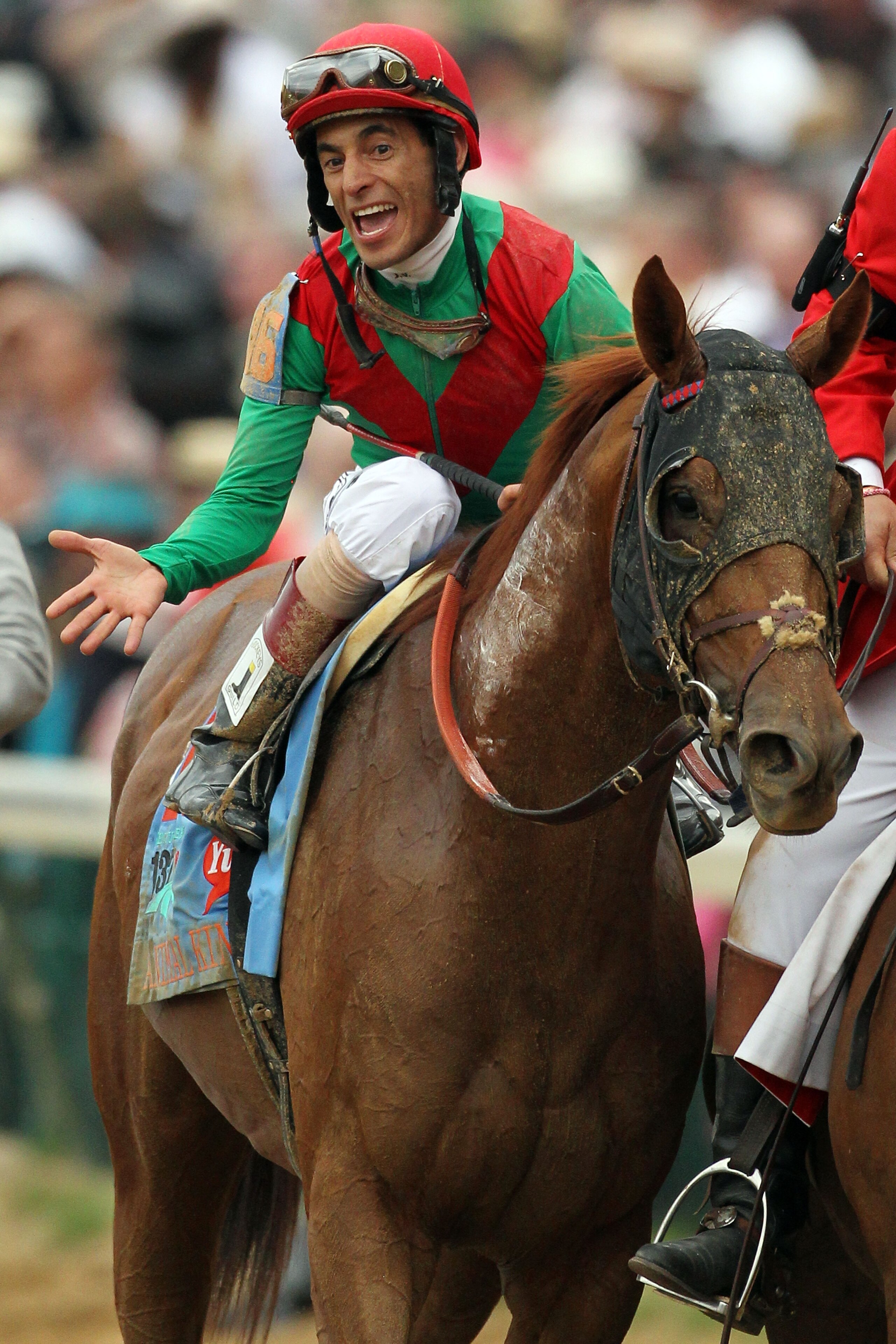 LOUISVILLE, KY - MAY 07: Jockey John Valazquez, riding Animal Kingdom #16, celebrates winning the 137th Kentucky Derby at Churchill Downs on May 7, 2011 in Louisville, Kentucky. (Photo by Al Bello/Getty Images) LOUISVILLE, KY - MAY 07: Jockey John Valazquez, riding Animal Kingdom #16, celebrates winning the 137th Kentucky Derby at Churchill Downs on May 7, 2011 in Louisville, Kentucky. (Photo by Al Bello/Getty Images)