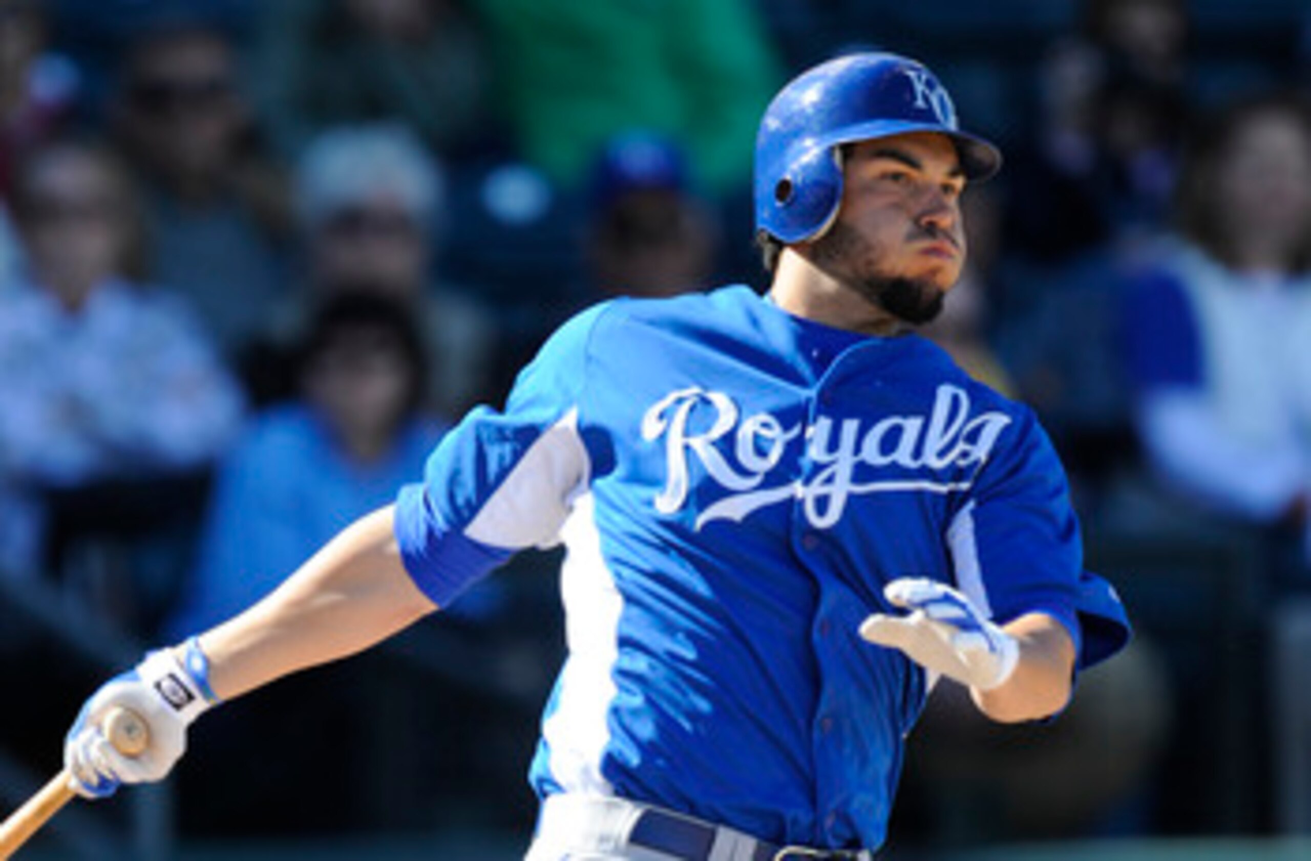 SURPISE, AZ - FEBRUARY 27: Eric Hosmer #40 of the Kansas City Royals bats during a spring training game against the Texas Rangers at Surprise Stadium on February 27, 2011 in Surprise, Arizona. (Photo by Rob Tringali/Getty Images)