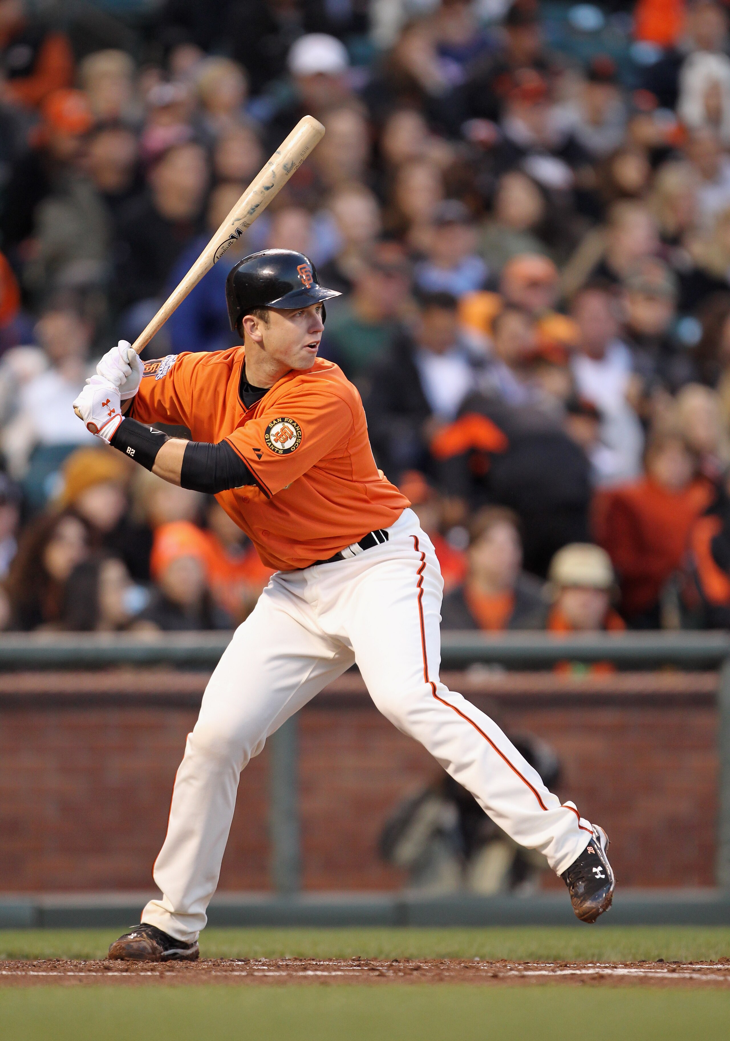 SAN FRANCISCO, CA - APRIL 22:  Buster Posey #28 of the San Francisco Giants in action against the Atlanta Braves at AT&T Park on April 22, 2011 in San Francisco, California.  (Photo by Ezra Shaw/Getty Images)