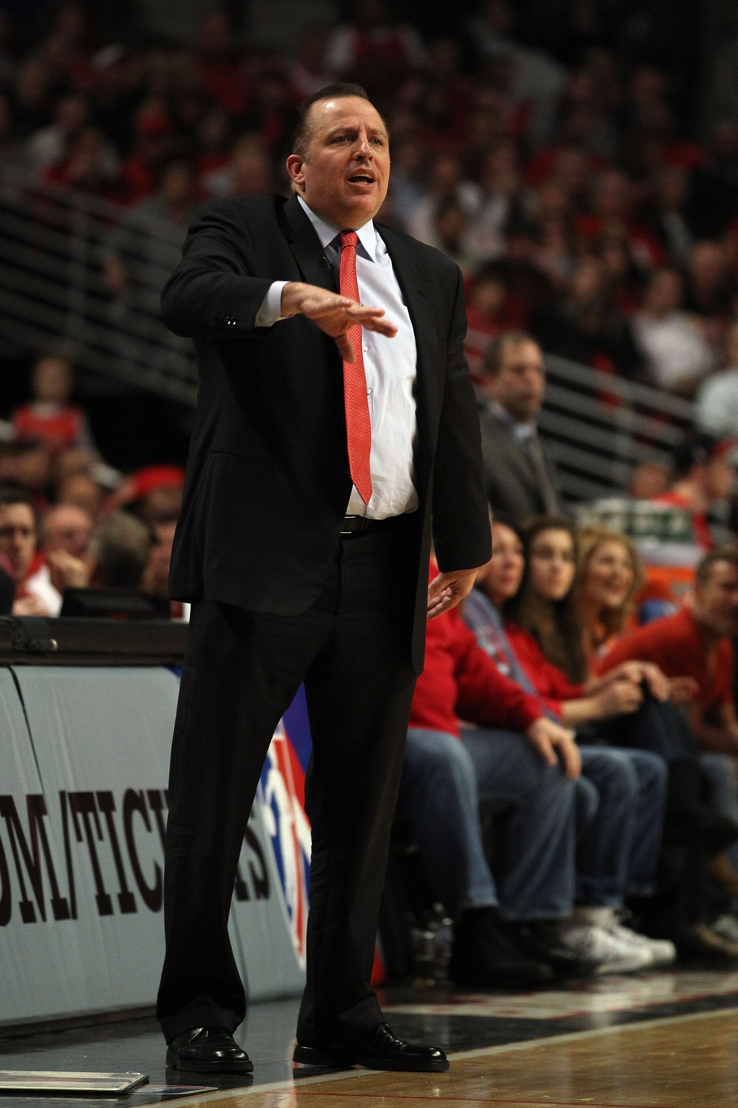 CHICAGO, IL - MAY 15:  Head coach Tom Thibodeau of the Chicago Bulls reacts as he coaches against the Miami Heat in Game One of the Eastern Conference Finals during the 2011 NBA Playoffs on May 15, 2011 at the United Center in Chicago, Illinois. NOTE TO U