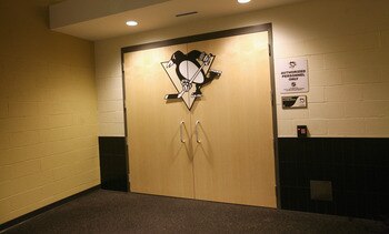 PITTSBURGH - OCTOBER 07:  The Pittsburgh Penguins locek room door at the Consol Energy Center as photographed prior to the opening game against the Philadelphia Flyers on October 7, 2010 in Pittsburgh, Pennsylvania. (Photo by Bruce Bennett/Getty Images)