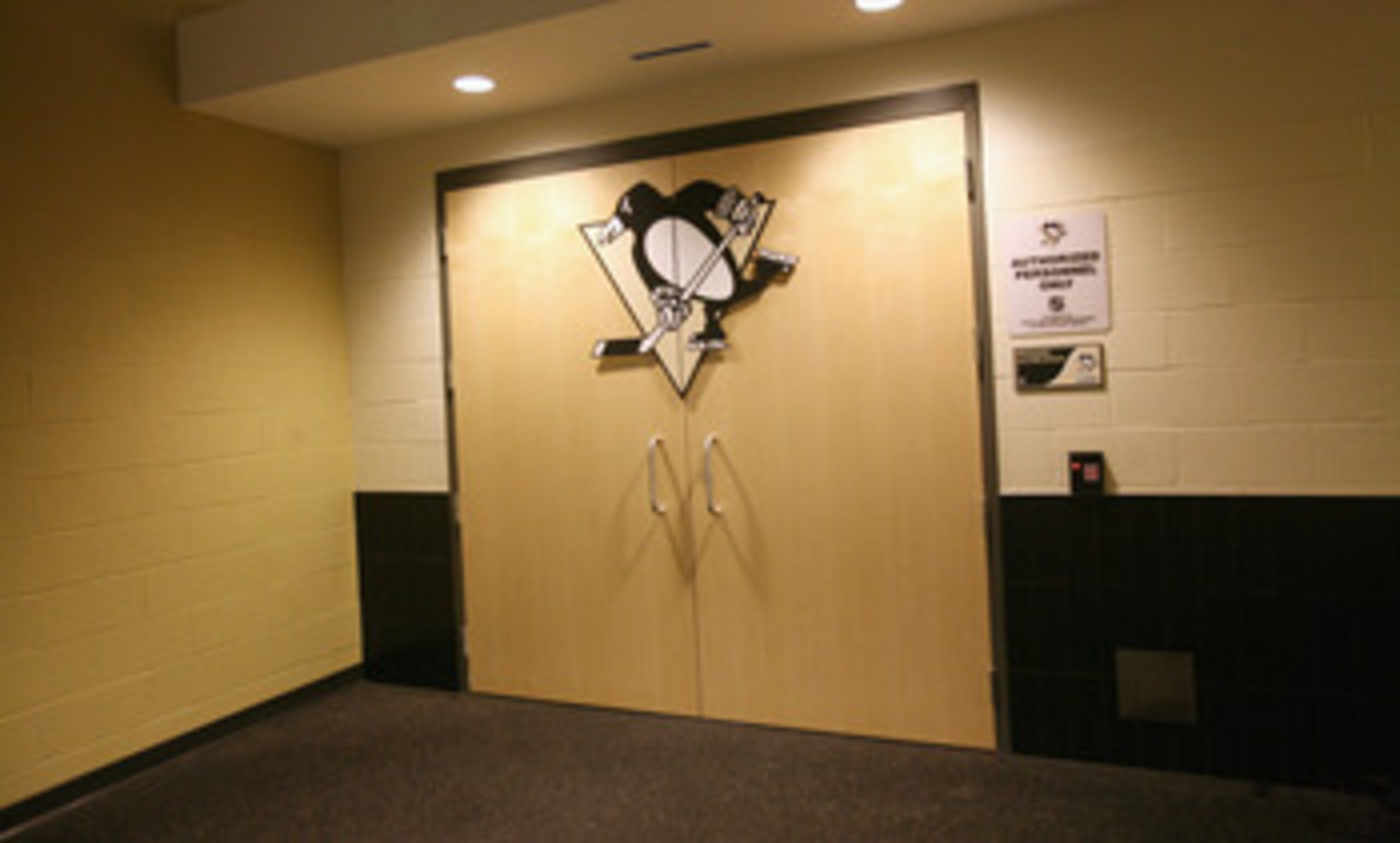 PITTSBURGH - OCTOBER 07:  The Pittsburgh Penguins locek room door at the Consol Energy Center as photographed prior to the opening game against the Philadelphia Flyers on October 7, 2010 in Pittsburgh, Pennsylvania. (Photo by Bruce Bennett/Getty Images)