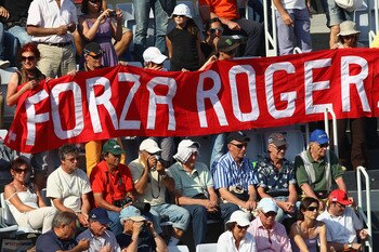 ROME, ITALY - MAY 12: Swiss  Roger Federer fans display a banner during his third round match against Richard Gasquet of France during day five of the Internazoinali BNL D'Italia at the Foro Italico Tennis Centre on May 12, 2011 in Rome, Italy.  (Photo by