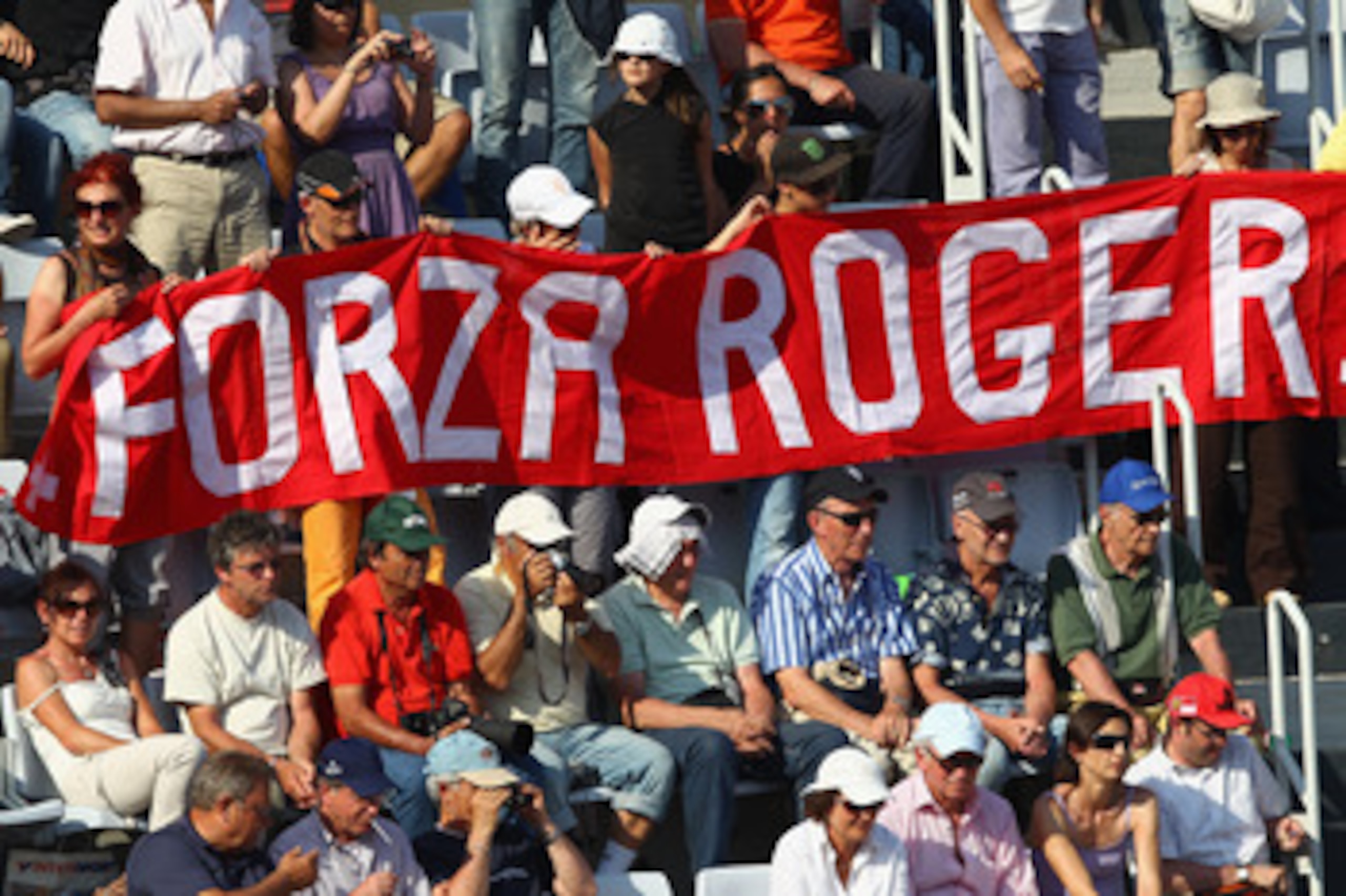 ROME, ITALY - MAY 12: Swiss  Roger Federer fans display a banner during his third round match against Richard Gasquet of France during day five of the Internazoinali BNL D'Italia at the Foro Italico Tennis Centre on May 12, 2011 in Rome, Italy.  (Photo by