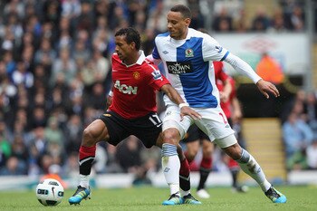 BLACKBURN, ENGLAND - MAY 14:  Nani (L) of Manchester United and Jermaine Jones (R) of Blackburn Rovers during the Barclays Premier League match between Blackburn Rovers and Manchester United at Ewood Park on May 14, 2011 in Blackburn, England.  (Photo by 