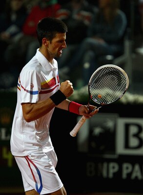 ROME, ITALY - MAY 15:  Novak Djokovic of Serbia celebrates a point in the final against Rafael Nadal of Spain during day eight of the Internazoinali BNL D'Italia at the Foro Italico Tennis Centre on May 15, 2011 in Rome, Italy.  (Photo by Clive Brunskill/