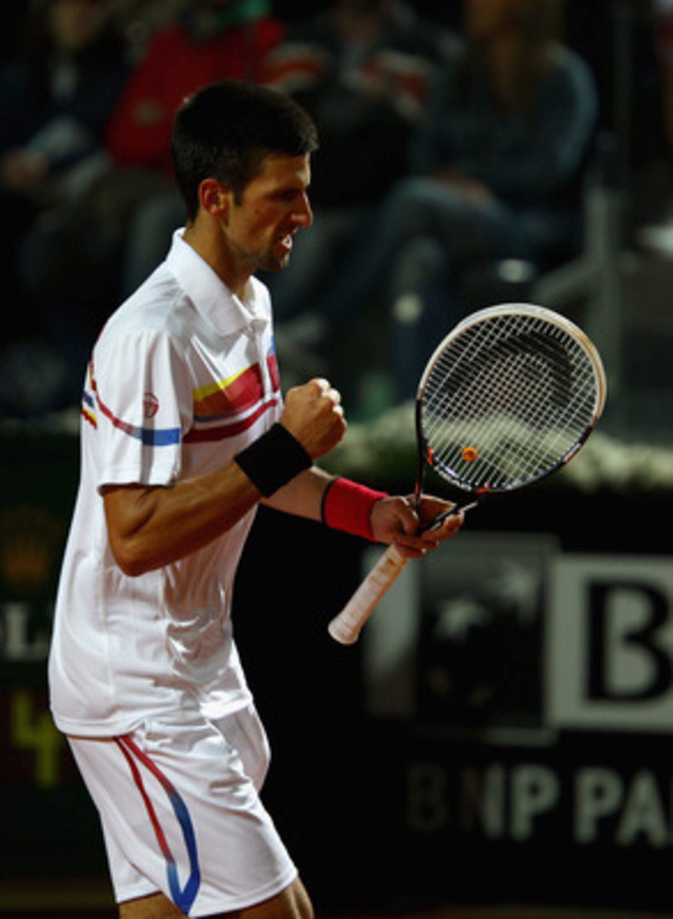 ROME, ITALY - MAY 15:  Novak Djokovic of Serbia celebrates a point in the final against Rafael Nadal of Spain during day eight of the Internazoinali BNL D'Italia at the Foro Italico Tennis Centre on May 15, 2011 in Rome, Italy.  (Photo by Clive Brunskill/