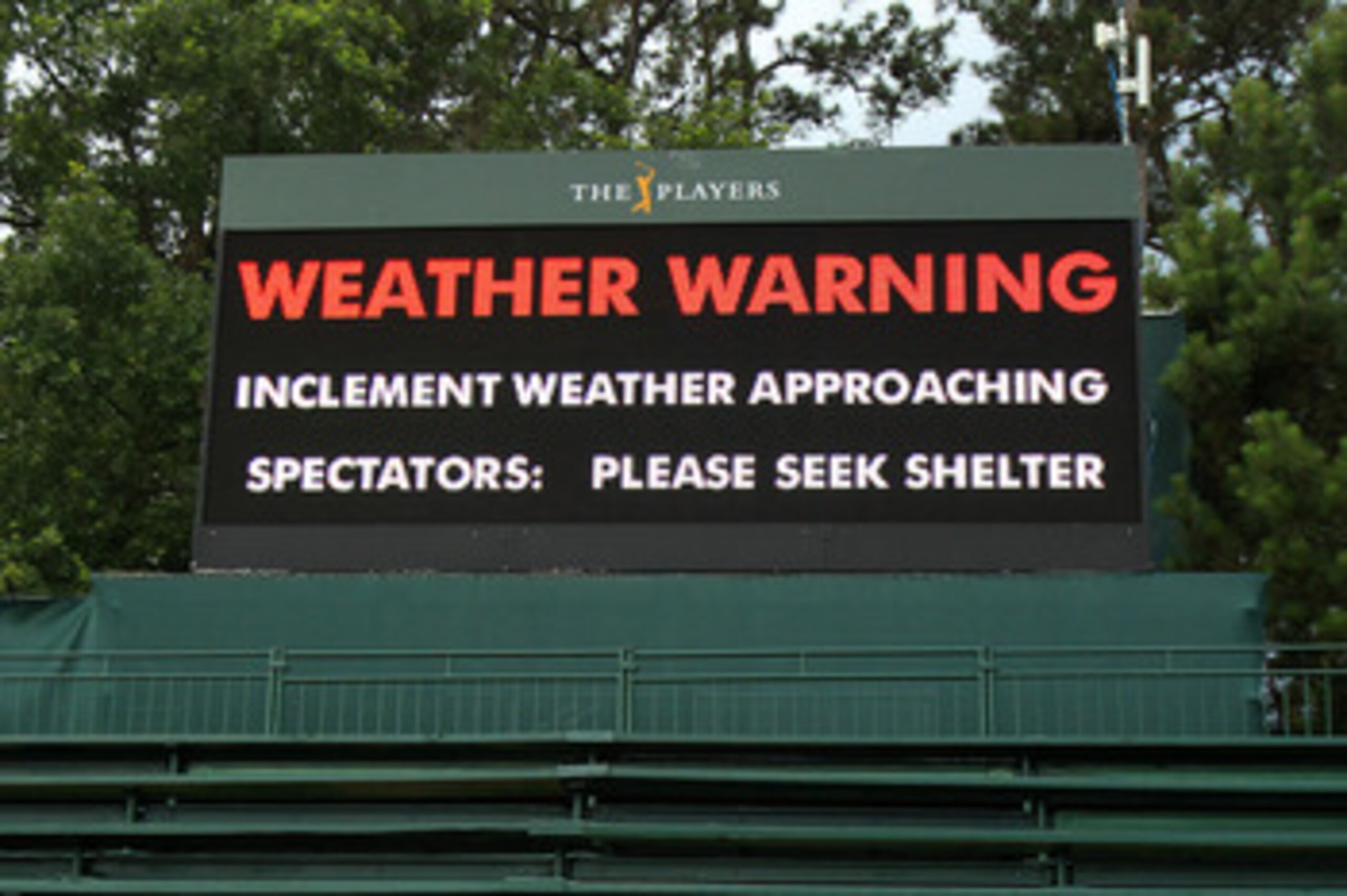 PONTE VEDRA BEACH, FL - MAY 14:  A warning sign is seen after play was suspended due to severe storms during the third round of THE PLAYERS Championship held at THE PLAYERS Stadium course at TPC Sawgrass on May 14, 2011 in Ponte Vedra Beach, Florida.  (Ph