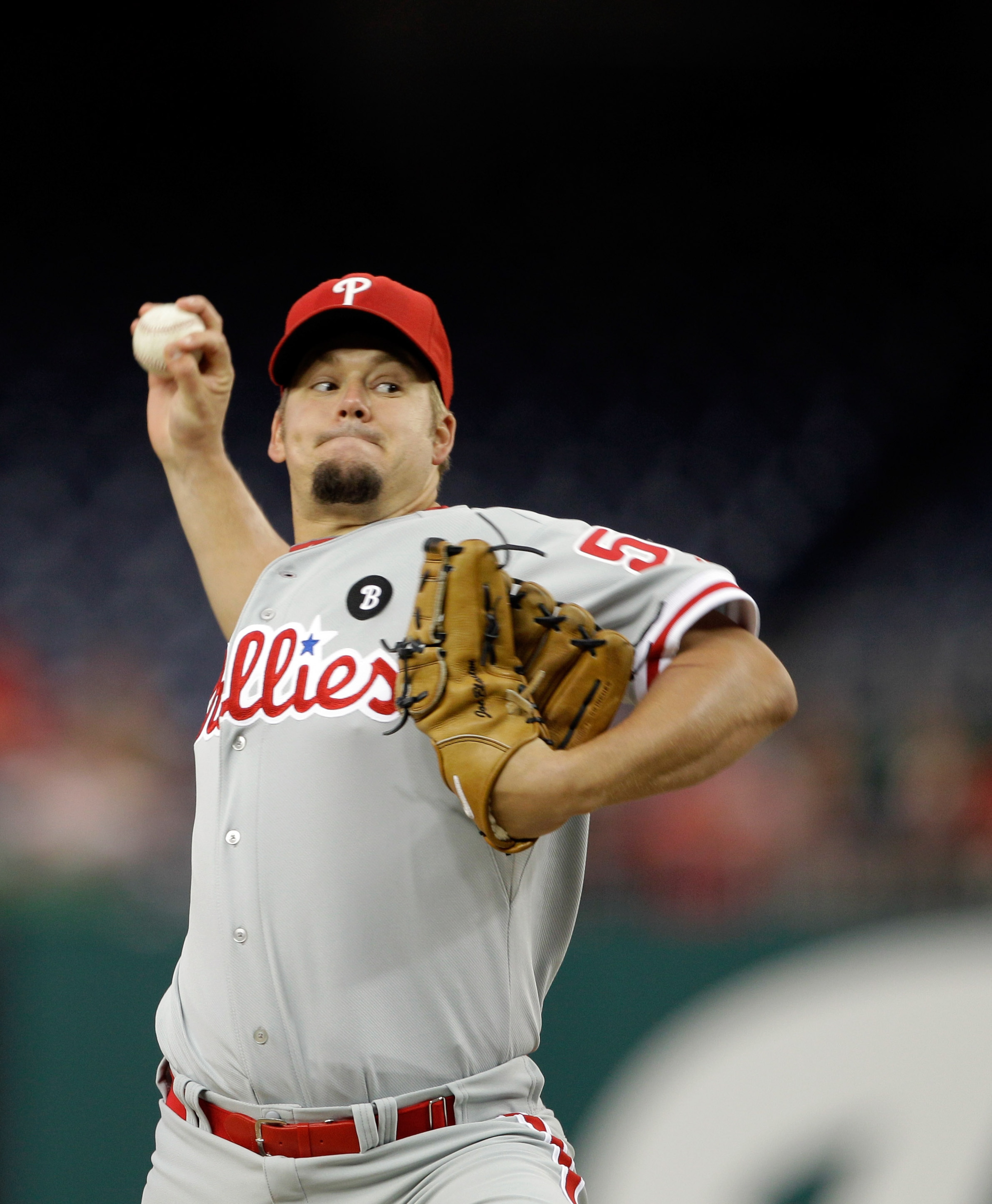 WASHINGTON, DC - APRIL 12: Pitcher Joe Blanton #56 of the Philadelphia Phillies delivers to a Washington Nationals batter at Nationals Park on April 12, 2011 in Washington, DC. (Photo by Rob Carr/Getty Images)
