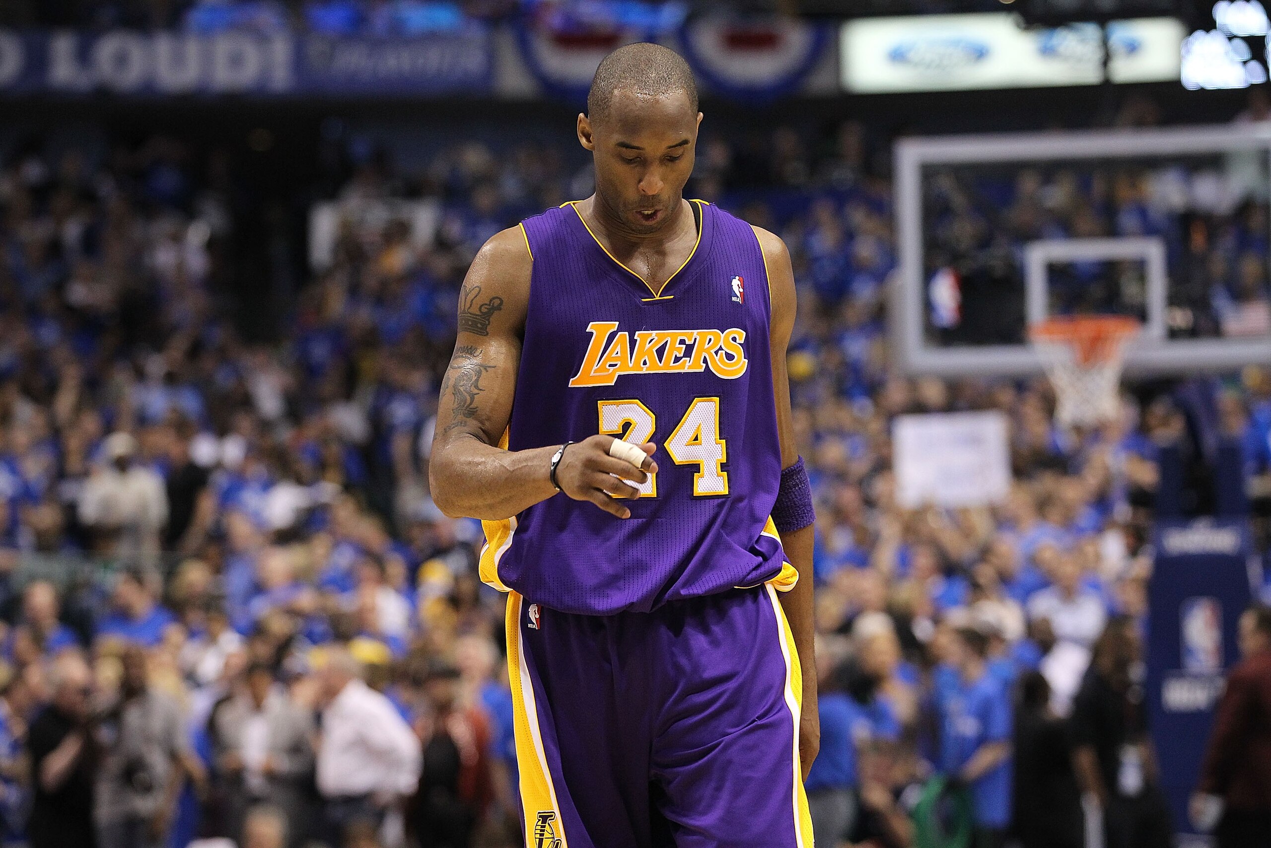 DALLAS, TX - MAY 06:  Guard Kobe Bryant #24 of the Los Angeles Lakers reacts during a 98-92 loss against the Dallas Mavericks in Game Three of the Western Conference Semifinals during the 2011 NBA Playoffs on May 6, 2011 at American Airlines Center in Dal