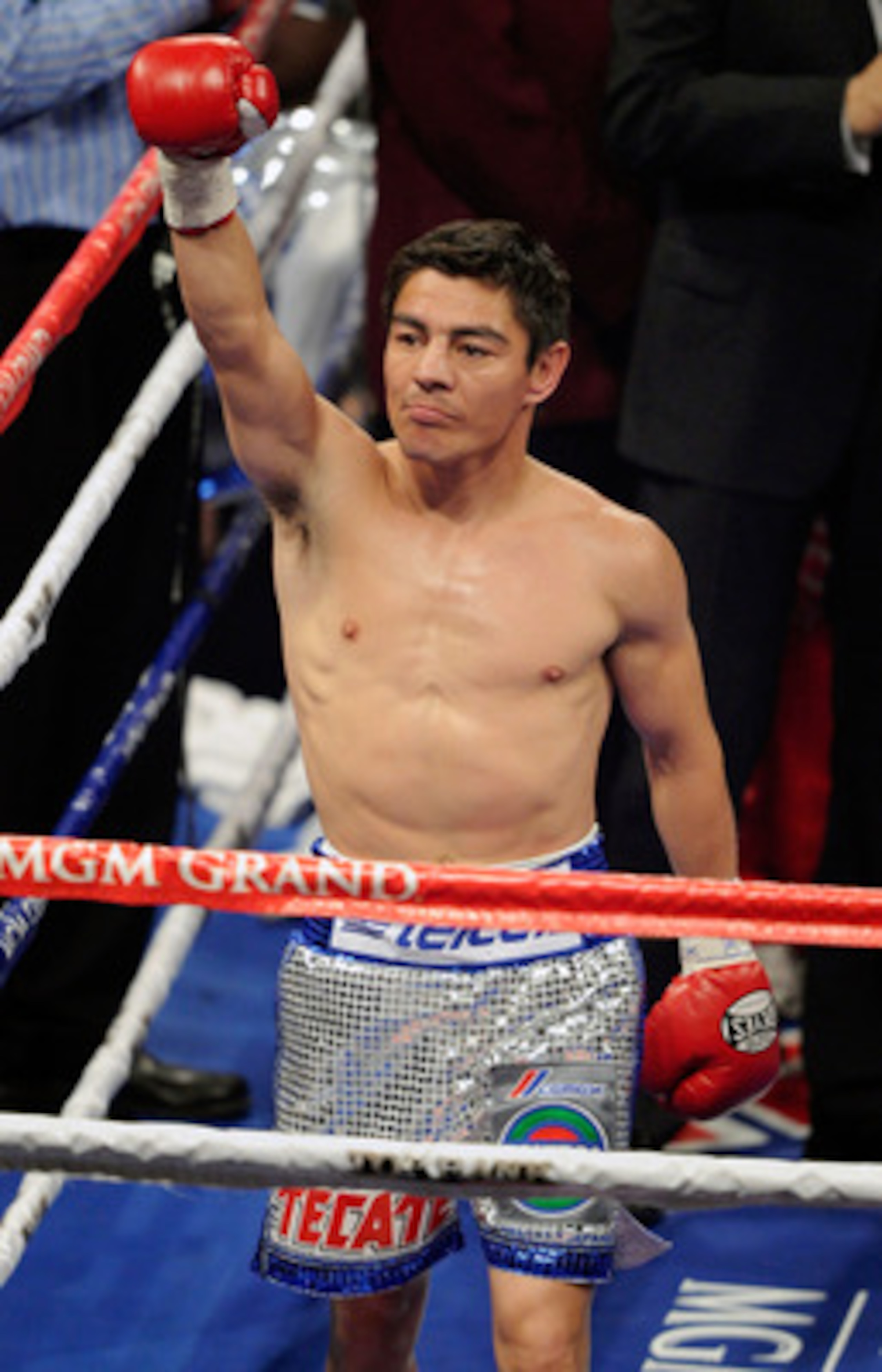 LAS VEGAS, NV - MAY 07:  Jorge Arce  acknowledges the crowd as he is introduced for his WBO super bantamweight title fight against Wilfredo Vazquez at the MGM Grand Garden Arena May 7, 2011 in Las Vegas, Nevada. Arce won by 12th-round TKO.  (Photo by Etha
