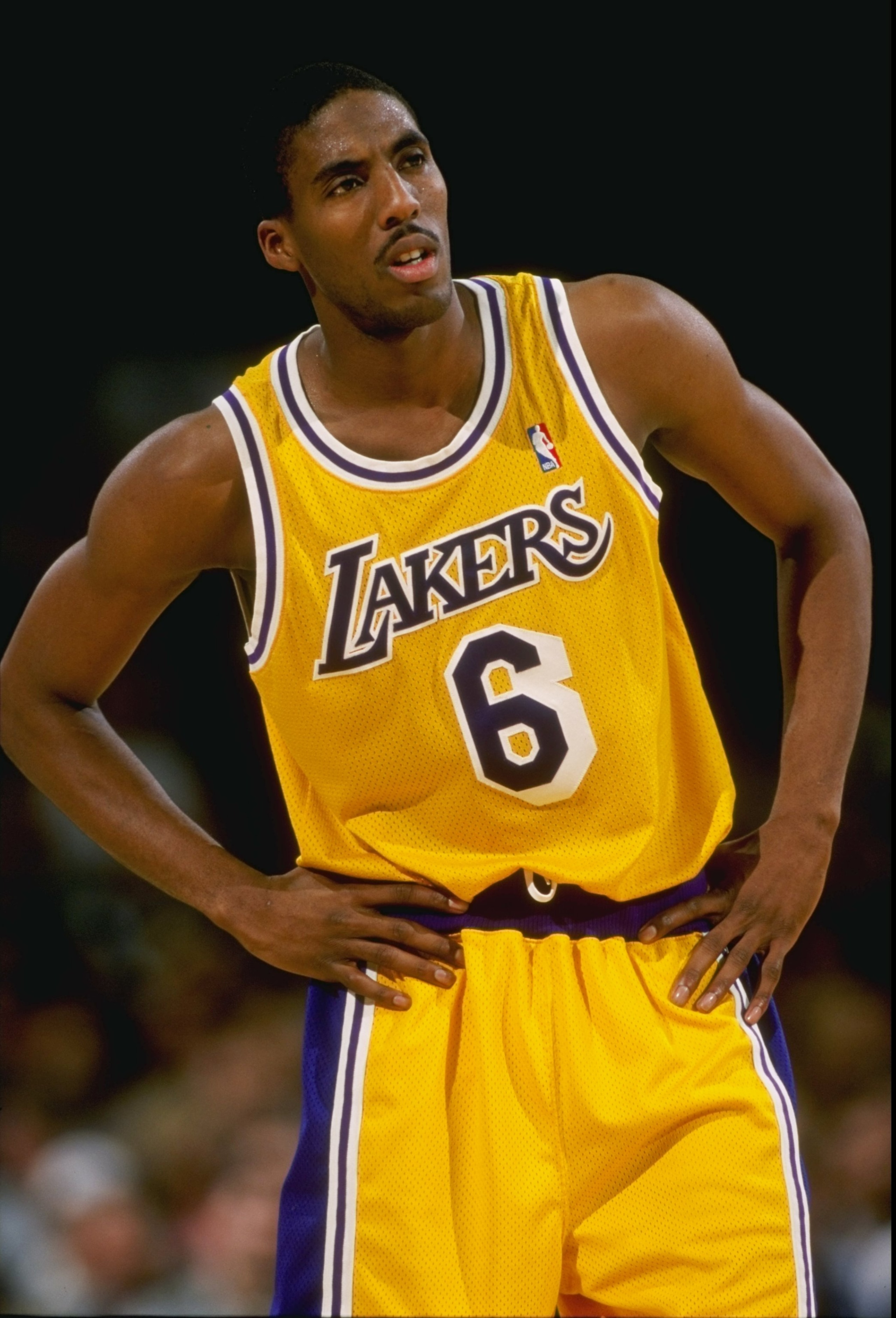3 Mar 1999:  Eddie Jones #6 of the Los Angeles Lakers looking on during the game against the Phoenix Suns at the Great Western Forum in Inglewood, California. The Lakers defeated the Suns 101-95.