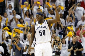 MEMPHIS, TN - MAY 13:  Zach Randolph #50 of the Memphis Grizzlies reacts in the final seconds of their 95-83 win over the Oklahoma City Thunder in Game Six of the Western Conference Semifinals in the 2011 NBA Playoffs at FedExForum on May 13, 2011 in Memp
