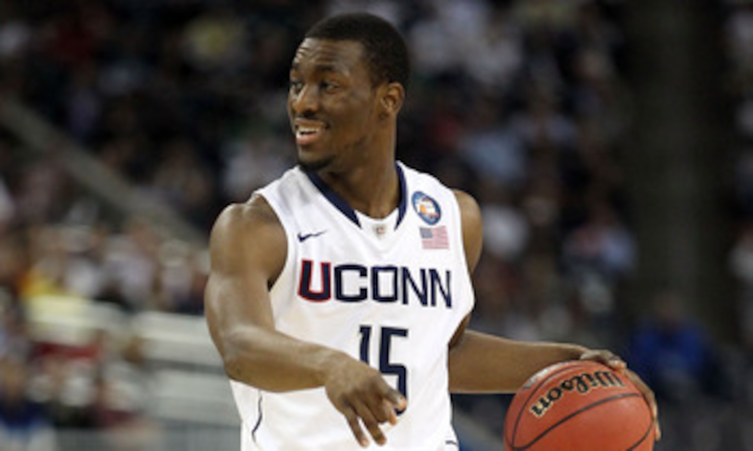 HOUSTON, TX - APRIL 04:  Kemba Walker #15 of the Connecticut Huskies handles the ball against the Butler Bulldogs during the National Championship Game of the 2011 NCAA Division I Men's Basketball Tournament at Reliant Stadium on April 4, 2011 in Houston,