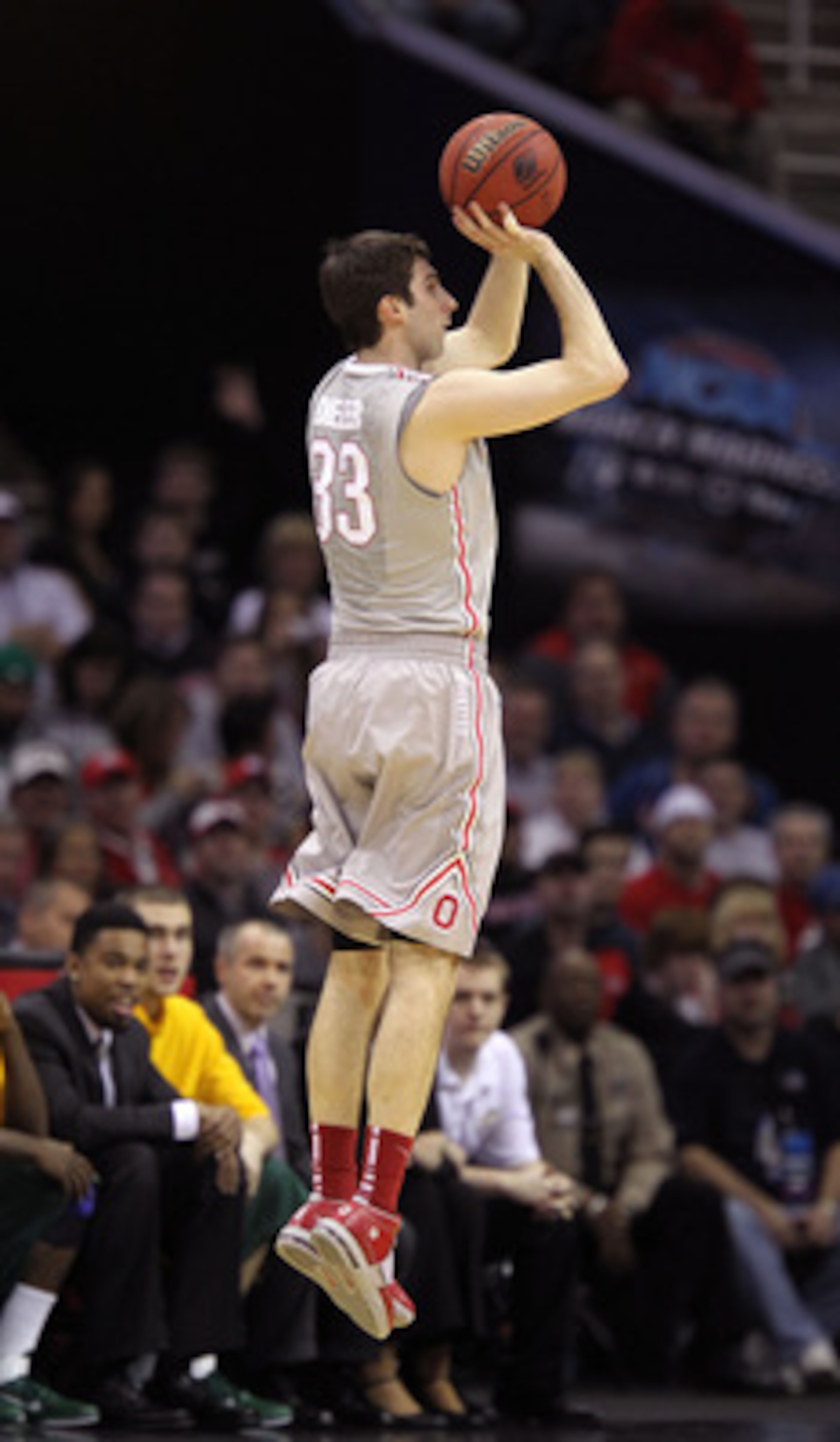CLEVELAND, OH - MARCH 20: Jon Diebler #33 of the Ohio State Buckeyes shoots against the George Mason Patriots during the third of the 2011 NCAA men's basketball tournament at Quicken Loans Arena on March 20, 2011 in Cleveland, Ohio.  (Photo by Andy Lyons/