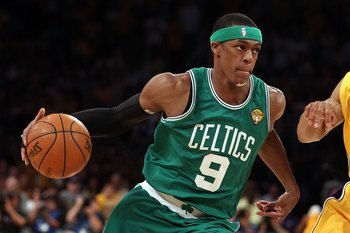 LOS ANGELES, CA - JUNE 17:  Rajon Rondo #9 of the Boston Celtics moves the ball while taking on the Los Angeles Lakers in Game Seven of the 2010 NBA Finals at Staples Center on June 17, 2010 in Los Angeles, California.  NOTE TO USER: User expressly acknow