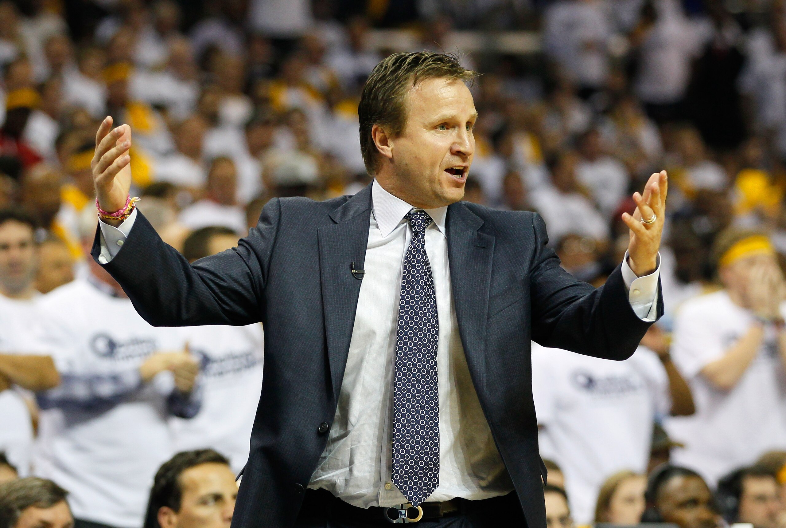 MEMPHIS, TN - MAY 13:  Scott Brooks of the Oklahoma City Thunder reacts after a call against the Memphis Grizzlies in Game Six of the Western Conference Semifinals in the 2011 NBA Playoffs at FedExForum on May 13, 2011 in Memphis, Tennessee.  NOTE TO USER