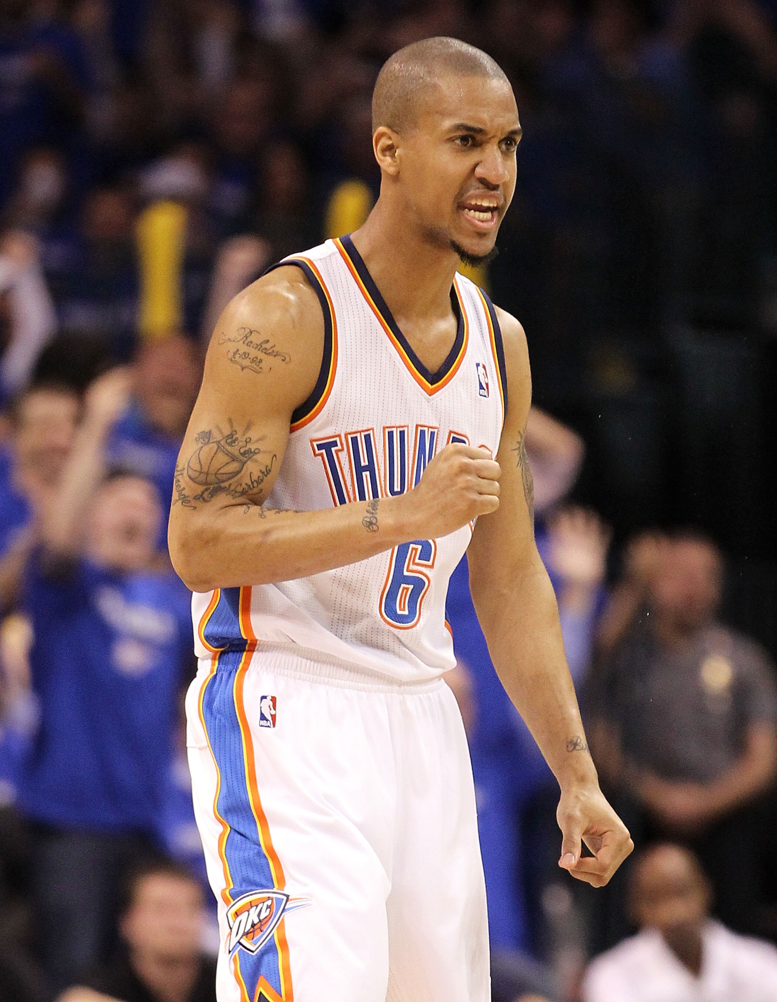 OKLAHOMA CITY, OK - MAY 03:  Guard Eric Maynor #6 of the Oklahoma City Thunder reacts after a three-point shot against the Memphis Grizzlies in Game Two of the Western Conference Semifinals in the 2011 NBA Playoffs on May 3, 2011 at Oklahoma City Arena in