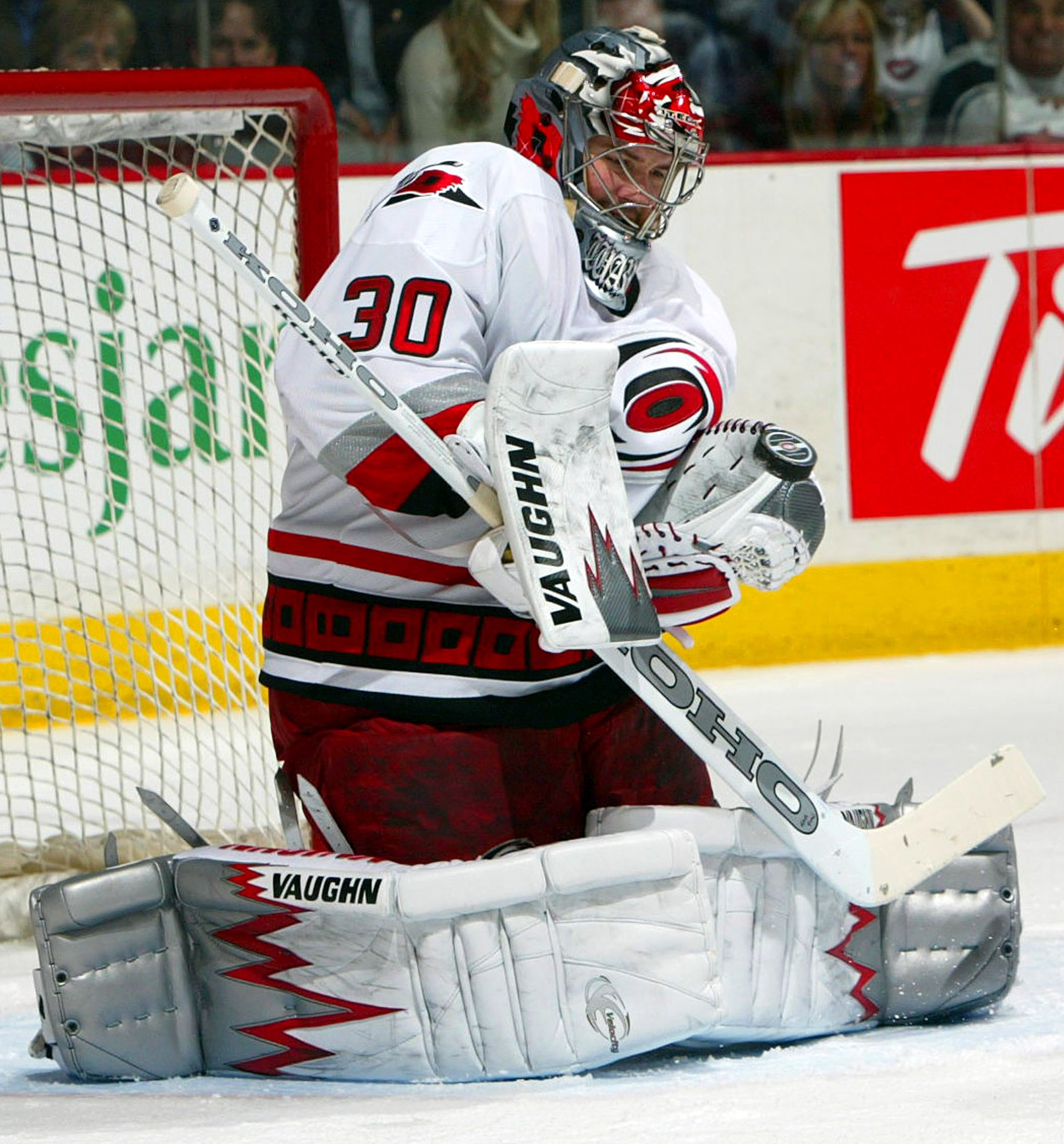 MONTREAL - APRIL 26:  Goalie Cam Ward #30 of the Carolina Hurricanes makes a save against the Montreal Canadiens in game 3 of the Eastern Conference Quarterfinals of the 2006 NHL Playoffs on April 26, 2006 at the Bell Centre in Montreal, Canada.  (Photo b
