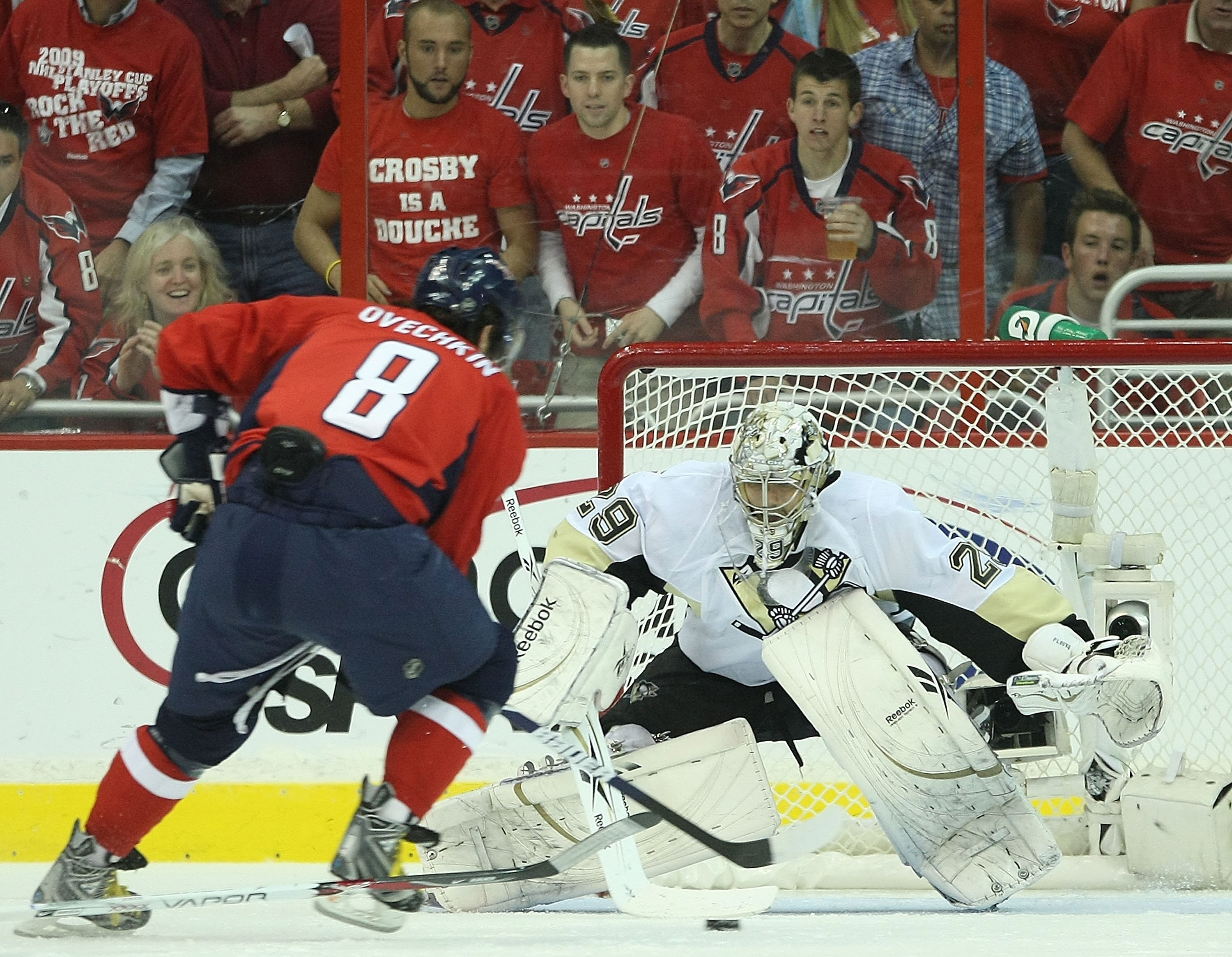 WASHINGTON - MAY 13: Alex Ovechkin #8 of the Washington Capitals is stopped by Marc-Andre Fleury #29 of the Pittsburgh Penguins during first period action in Game Seven of the Eastern Conference Semifinal  Round of the 2009 Stanley Cup Playoffs at Verizon
