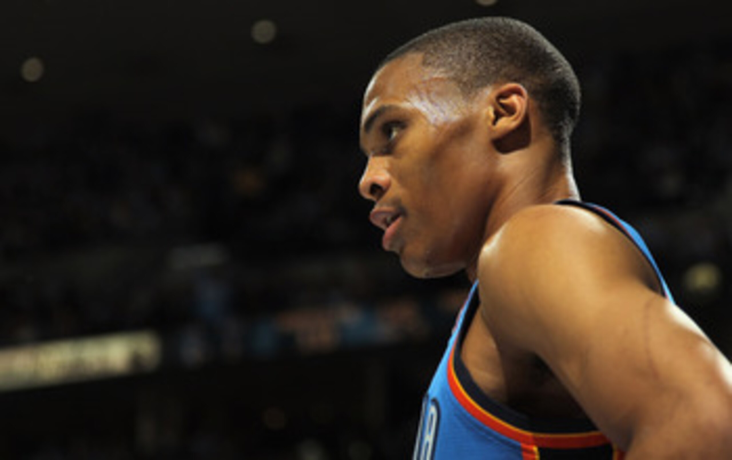 DENVER, CO - APRIL 25:  Russell Westbrook #0 of the Oklahoma City Thunder looks on against the Denver Nuggets in Game Four of the Western Conference Quarterfinals in the 2011 NBA Playoffs on April 24, 2011 at the Pepsi Center in Denver, Colorado. The Nugg
