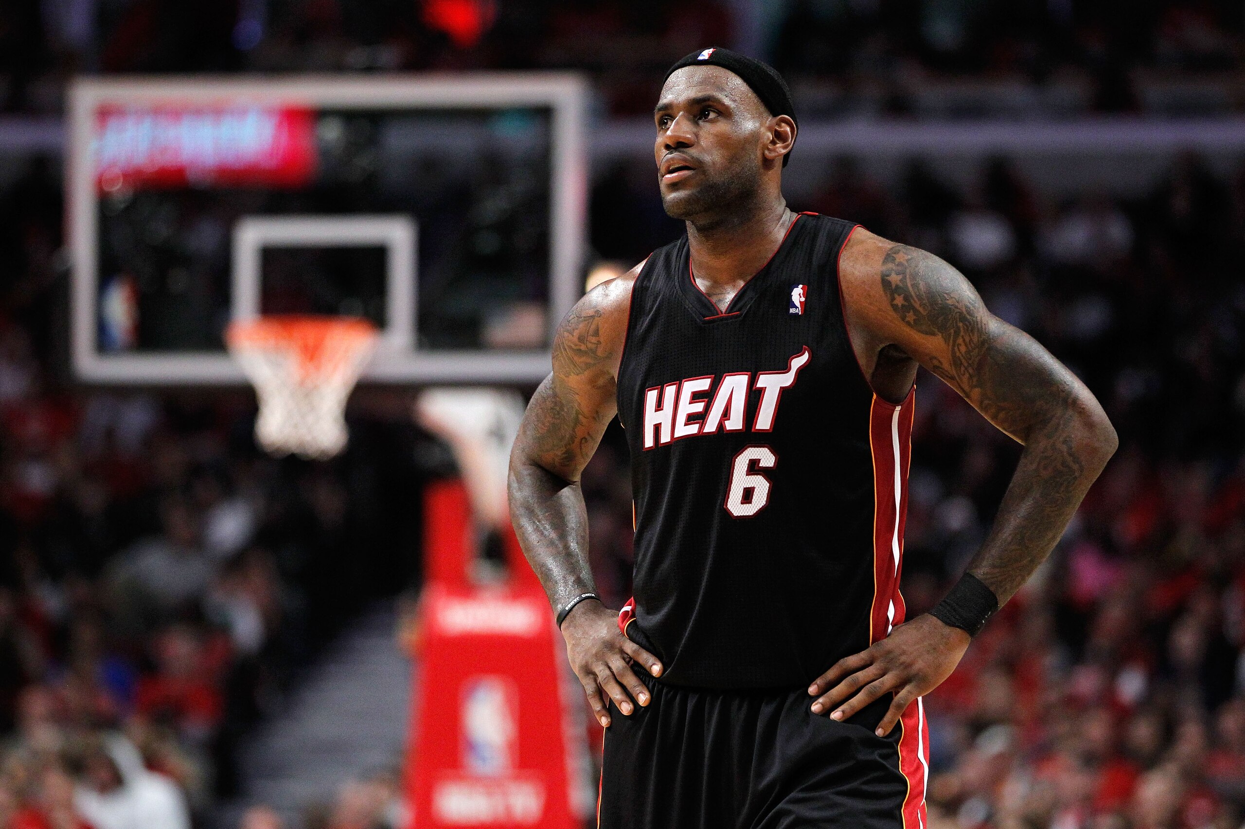 CHICAGO, IL - MAY 15:  LeBron James #6 of the Miami Heat looks on against the Chicago Bulls in Game One of the Eastern Conference Finals during the 2011 NBA Playoffs on May 15, 2011 at the United Center in Chicago, Illinois. NOTE TO USER: User expressly a