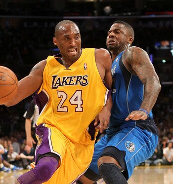 LOS ANGELES, CA - MAY 04:  Kobe Bryant #24 of the Los Angeles Lakers drives on DeShawn Stevenson #92 of the Dallas Mavericks in the first quarter in Game Two of the Western Conference Semifinals in the 2011 NBA Playoffs at Staples Center on May 4, 2011 in