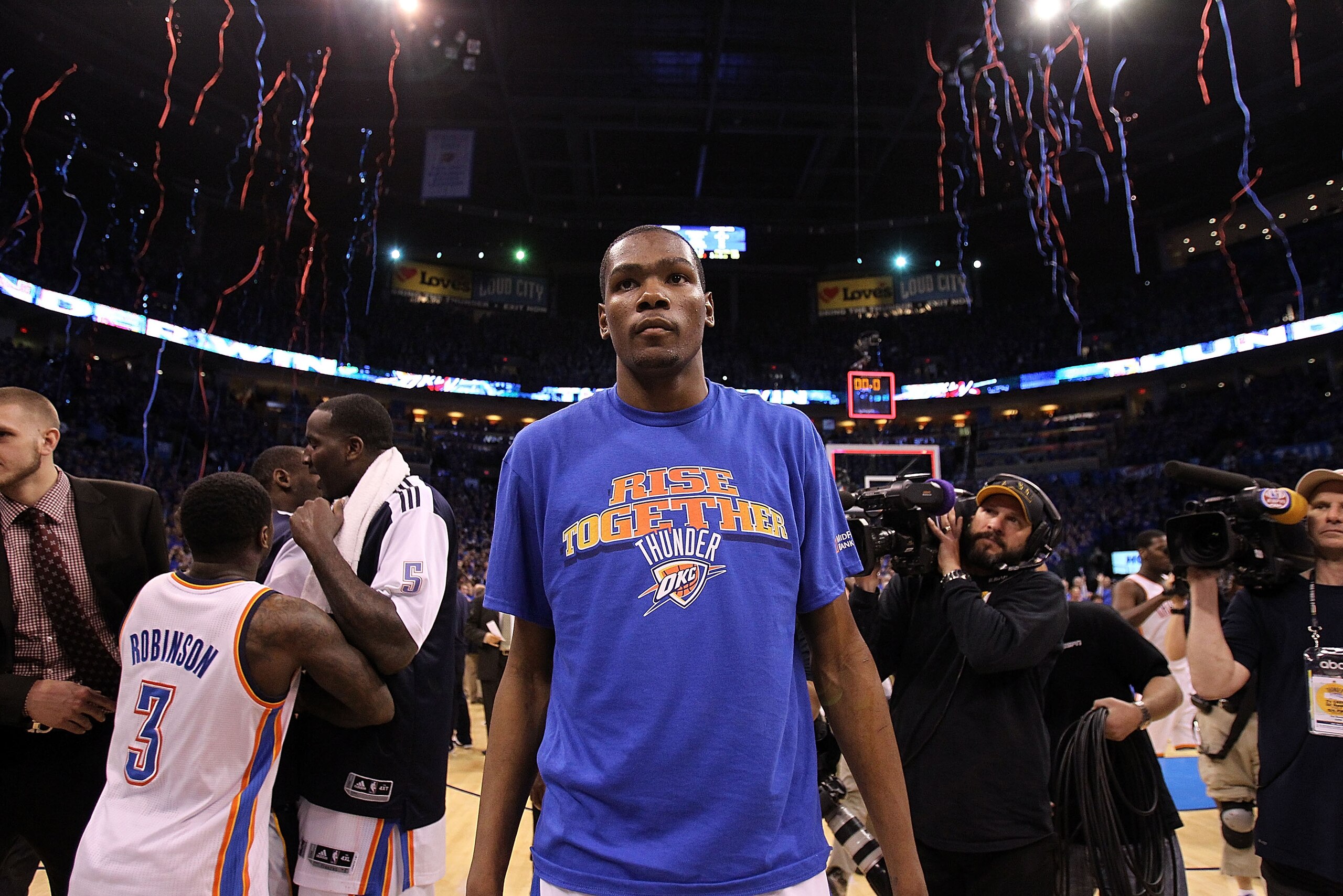OKLAHOMA CITY, OK - MAY 15:  Forward Kevin Durant #35 of the Oklahoma City Thunder celebrates a 90-105 win against the Memphis Grizzlies in Game Seven of the Western Conference Semifinals in the 2011 NBA Playoffs on May 15, 2011 at Oklahoma City Arena in