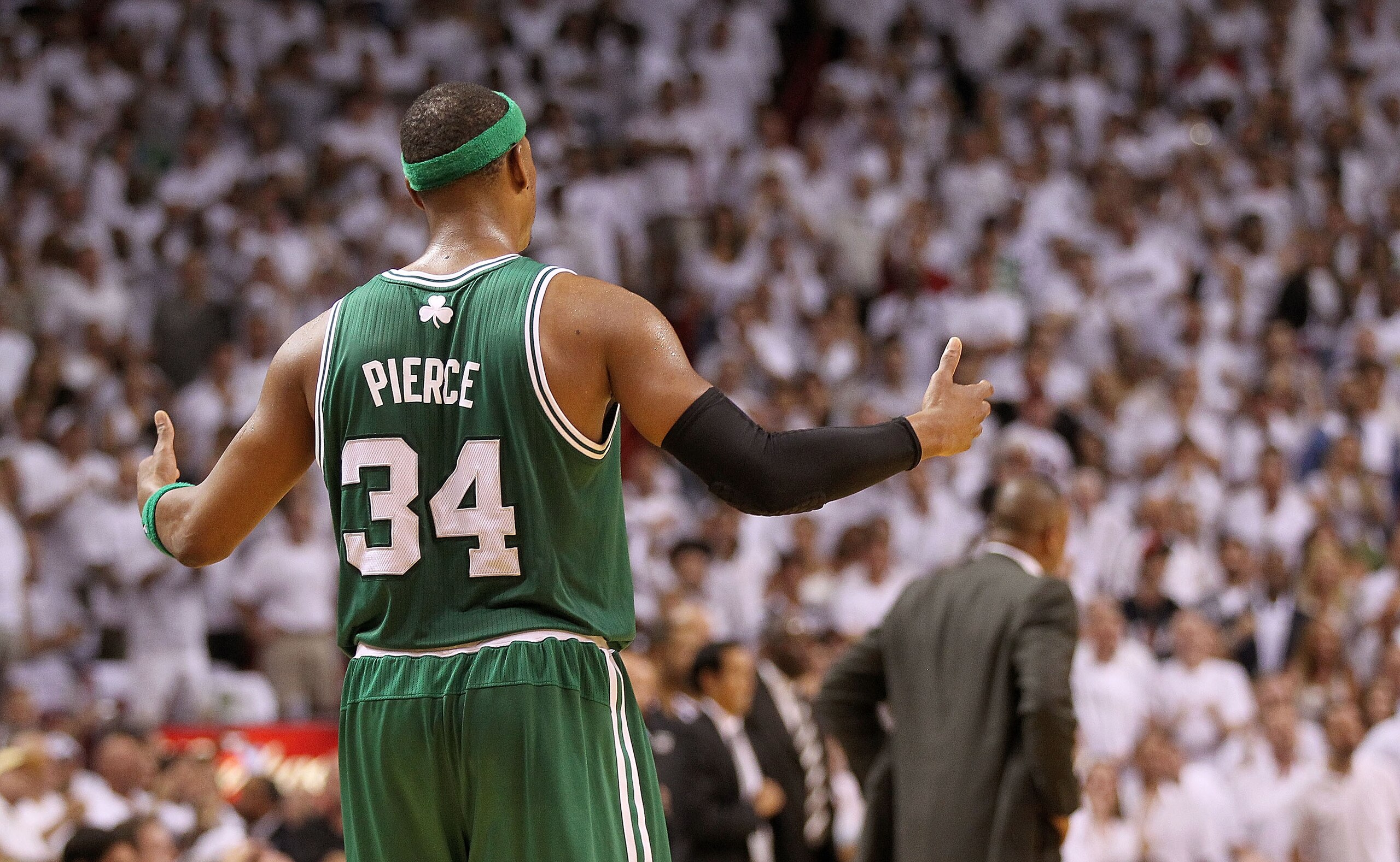 MIAMI, FL - MAY 01:  Paul Pierce #34 of the Boston Celtics reacts after his second technical foul resulting in ejection during Game One of the Eastern Conference Semifinals of the 2011 NBA Playoffs against the Miami Heat at American Airlines Arena on May