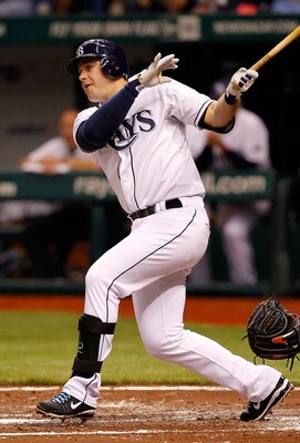 ST. PETERSBURG, FL - MAY 14:  Infielder Evan Longoria #3 of the Tampa Bay Rays fouls off a pitch against the Baltimore Orioles during the game at Tropicana Field on May 14, 2011 in St. Petersburg, Florida.  (Photo by J. Meric/Getty Images)