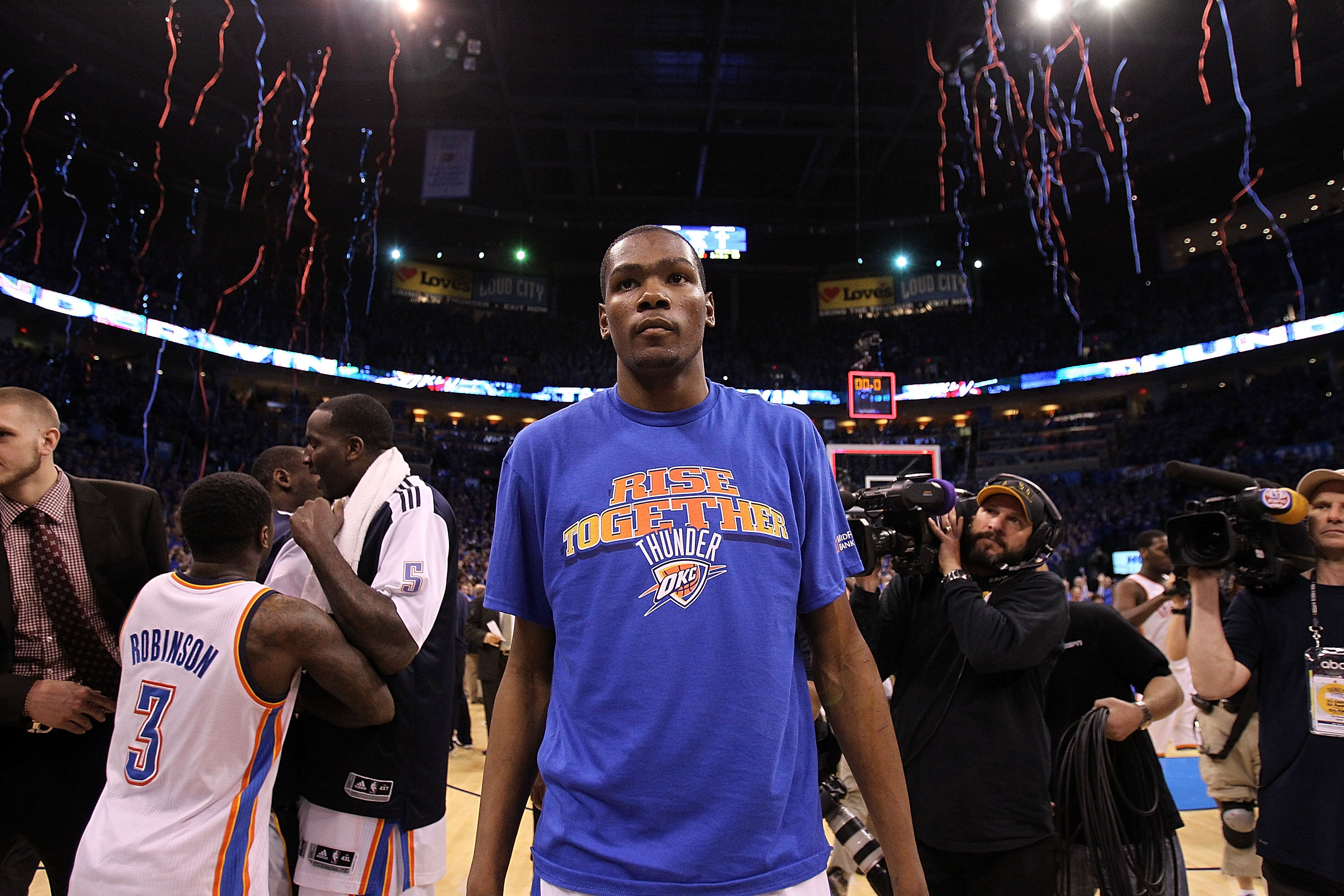 OKLAHOMA CITY, OK - MAY 15:  Forward Kevin Durant #35 of the Oklahoma City Thunder celebrates a 90-105 win against the Memphis Grizzlies in Game Seven of the Western Conference Semifinals in the 2011 NBA Playoffs on May 15, 2011 at Oklahoma City Arena in