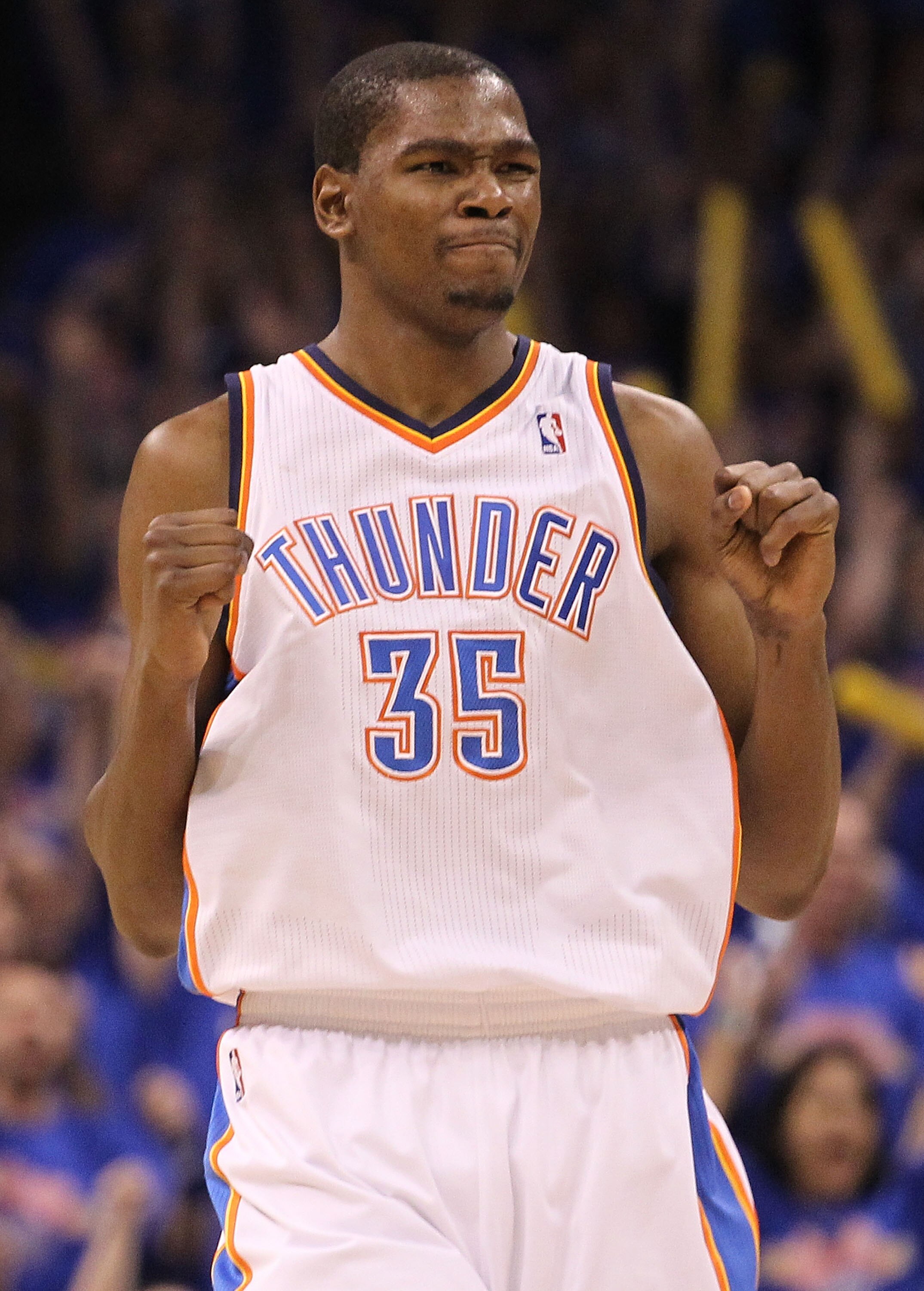 OKLAHOMA CITY, OK - MAY 15:  Forward Kevin Durant #35 of the Oklahoma City Thunder reacts against the Memphis Grizzlies in Game Seven of the Western Conference Semifinals in the 2011 NBA Playoffs on May 15, 2011 at Oklahoma City Arena in Oklahoma City, Ok