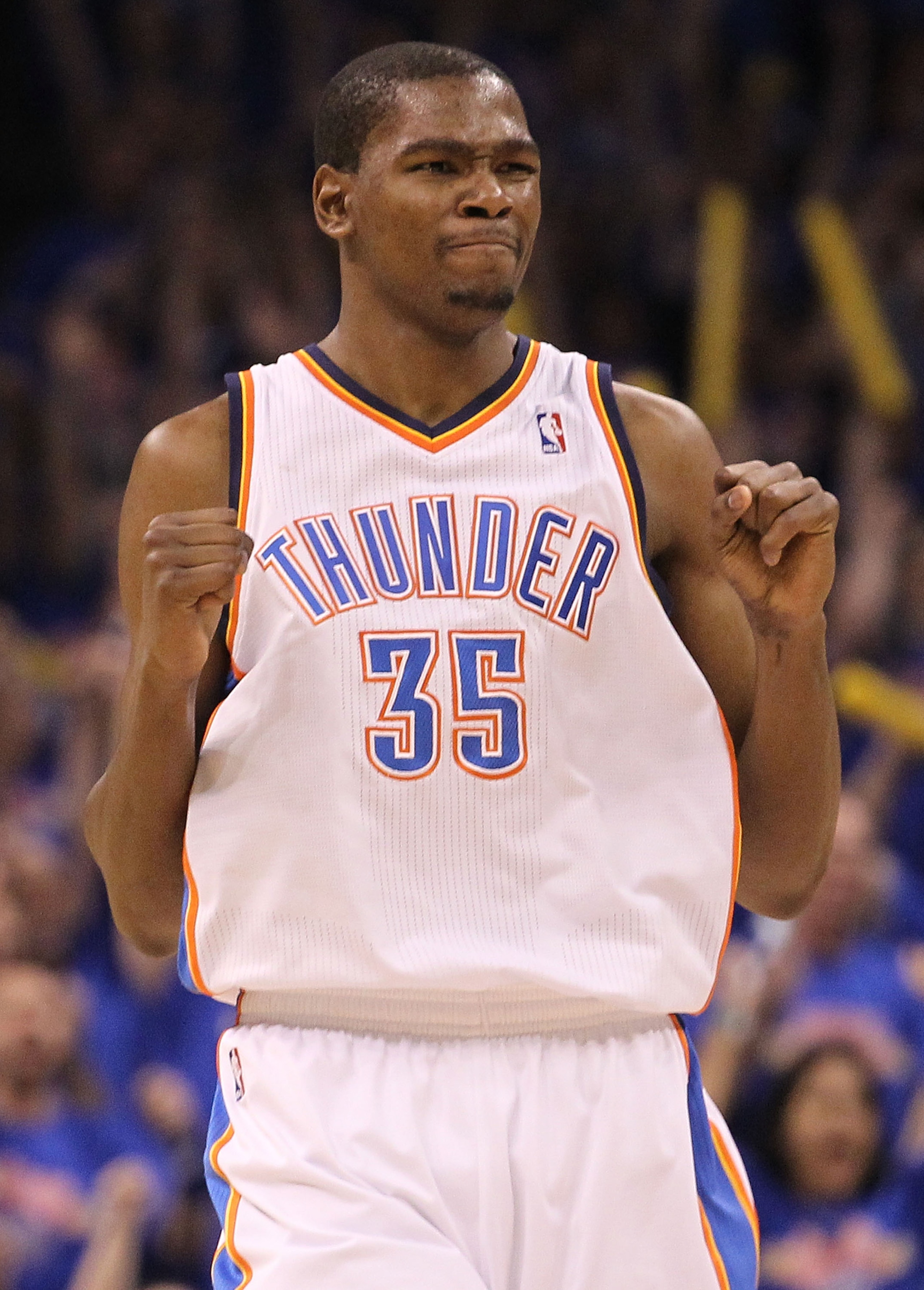 OKLAHOMA CITY, OK - MAY 15: Forward Kevin Durant #35 of the Oklahoma City Thunder reacts against the Memphis Grizzlies in Game Seven of the Western Conference Semifinals in the 2011 NBA Playoffs on May 15, 2011 at Oklahoma City Arena in Oklahoma City, Ok OKLAHOMA CITY, OK - MAY 15: Forward Kevin Durant #35 of the Oklahoma City Thunder reacts against the Memphis Grizzlies in Game Seven of the Western Conference Semifinals in the 2011 NBA Playoffs on May 15, 2011 at Oklahoma City Arena in Oklahoma City, Ok