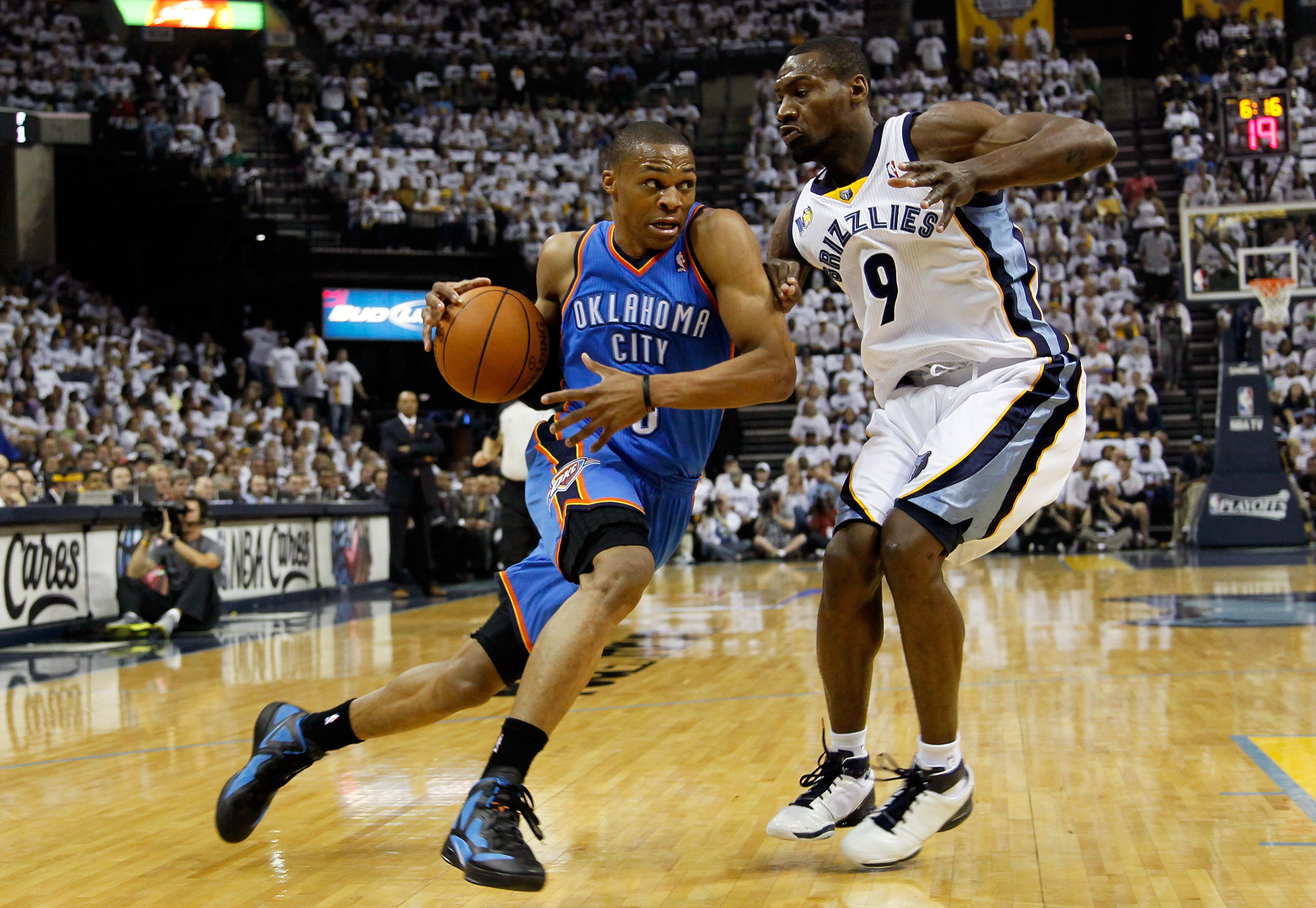 MEMPHIS, TN - MAY 13:  Russell Westbrook #0 of the Oklahoma City Thunder drives against Tony Allen #9 of the Memphis Grizzlies in Game Six of the Western Conference Semifinals in the 2011 NBA Playoffs at FedExForum on May 13, 2011 in Memphis, Tennessee.