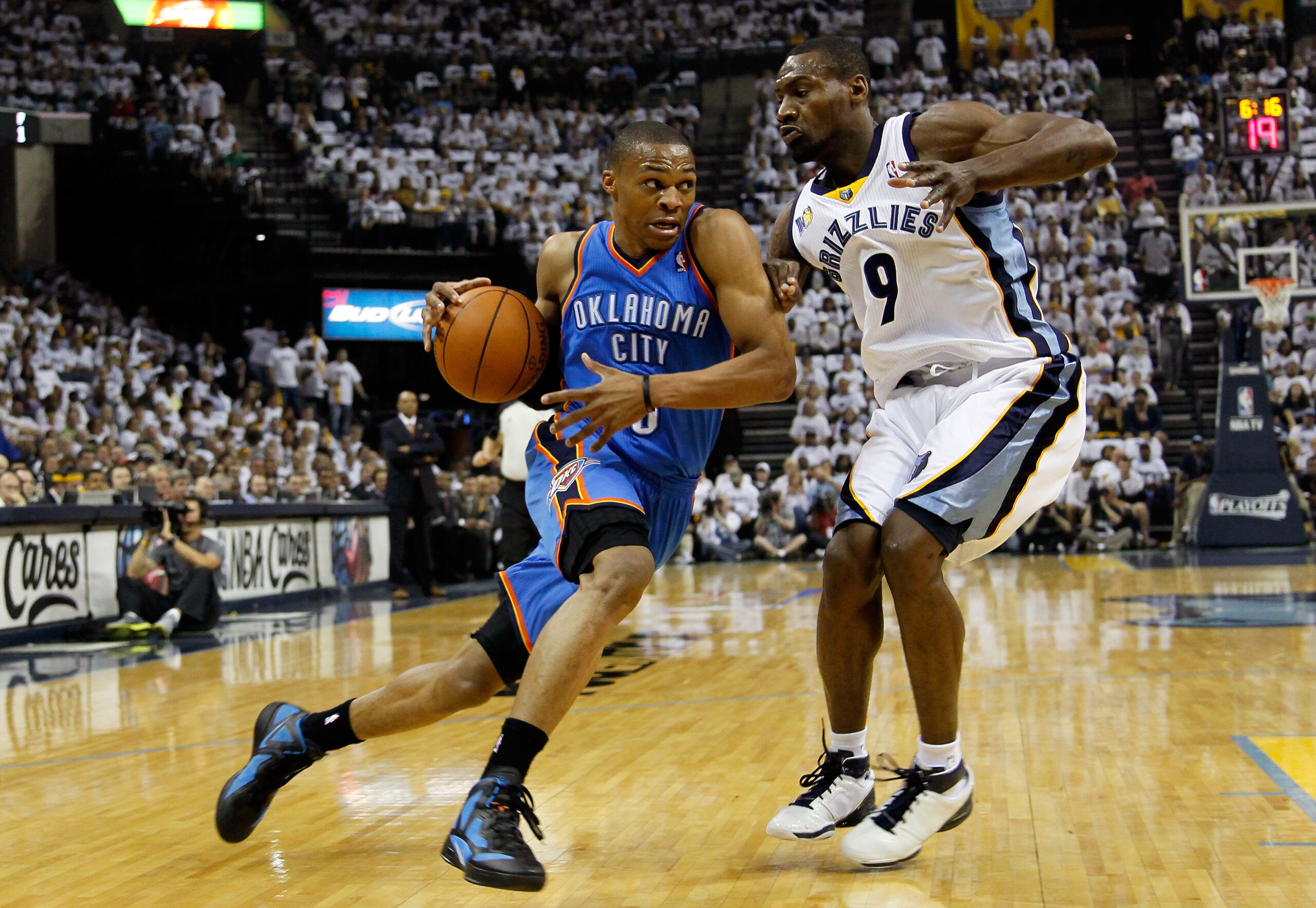 MEMPHIS, TN - MAY 13: Russell Westbrook #0 of the Oklahoma City Thunder drives against Tony Allen #9 of the Memphis Grizzlies in Game Six of the Western Conference Semifinals in the 2011 NBA Playoffs at FedExForum on May 13, 2011 in Memphis, Tennessee. MEMPHIS, TN - MAY 13: Russell Westbrook #0 of the Oklahoma City Thunder drives against Tony Allen #9 of the Memphis Grizzlies in Game Six of the Western Conference Semifinals in the 2011 NBA Playoffs at FedExForum on May 13, 2011 in Memphis, Tennessee.